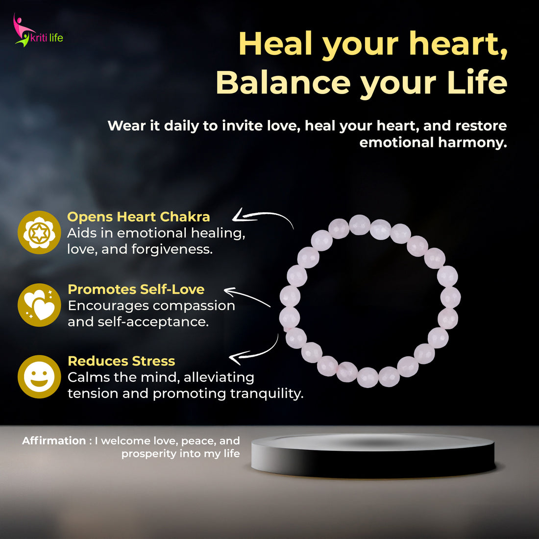 Natural Rose Quartz Crystal Stone Bracelet – Love, Healing & Harmony- 8mm