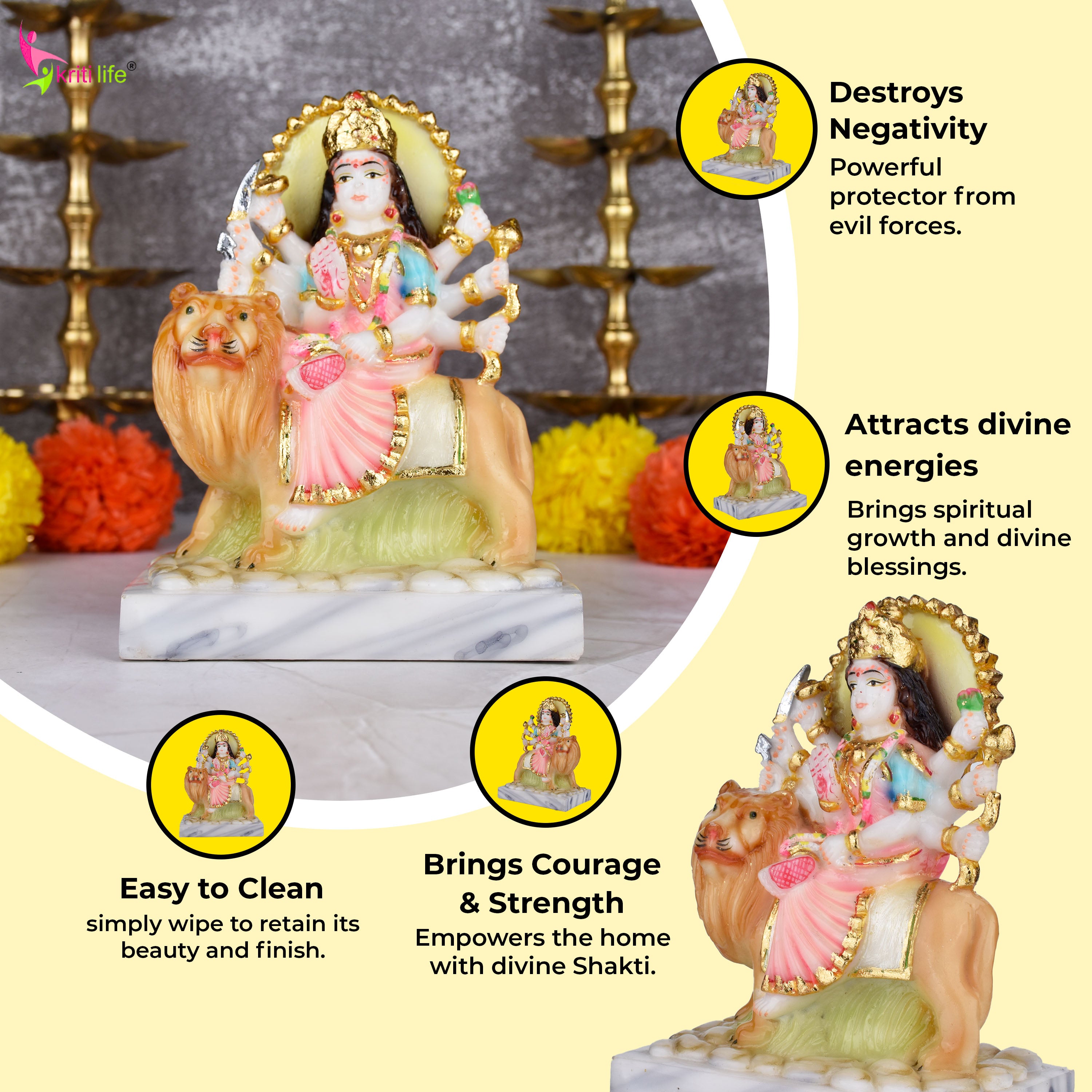 Divine Durga Maa Idol on Lion | 6.5 inches | – Handcrafted Polyresin Murti for Pooja, Home Temple & Gifting