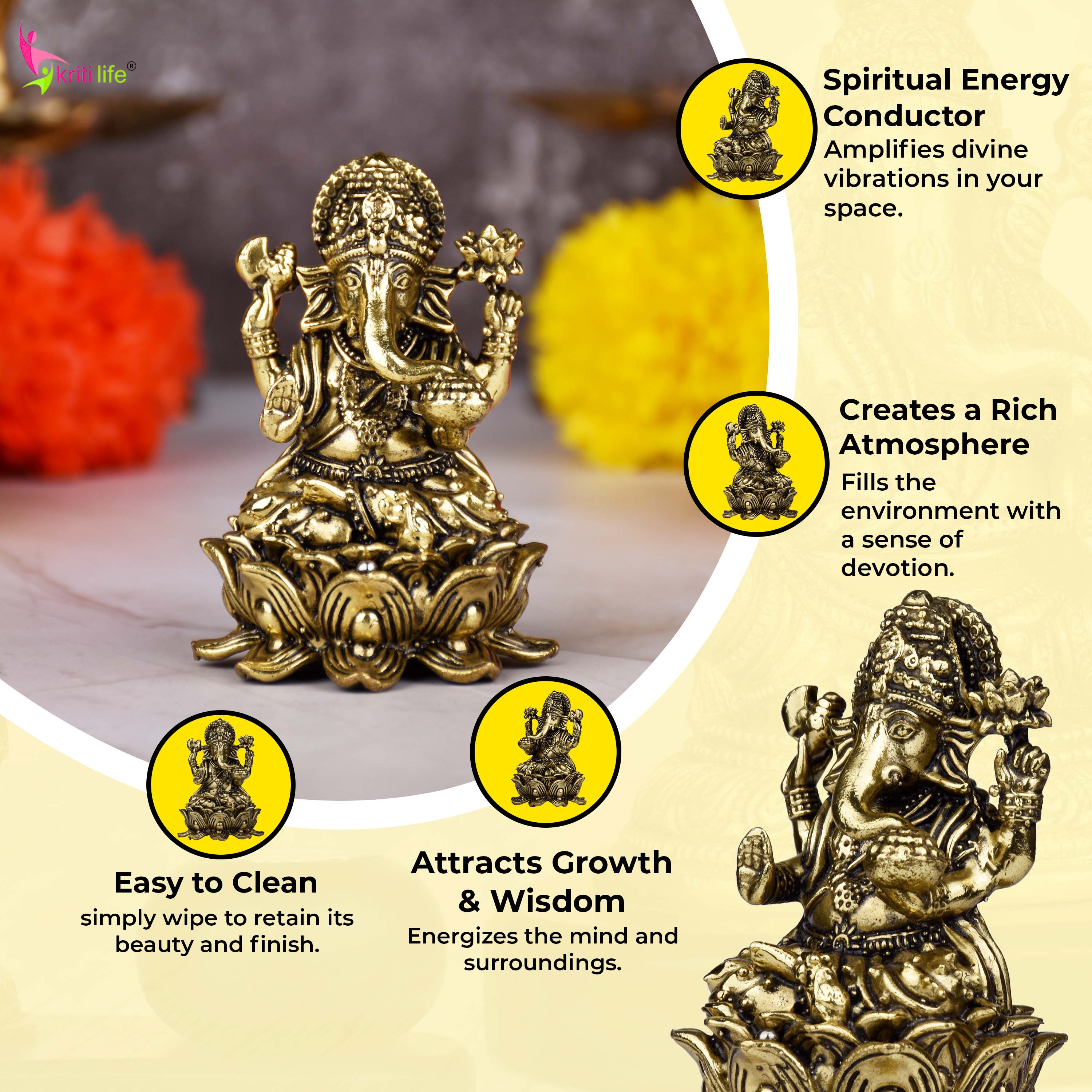 Brass Lord Ganesha Idol – Remover of Obstacles Statue 2.5 inches for Home Temple & Decor  (Small size)