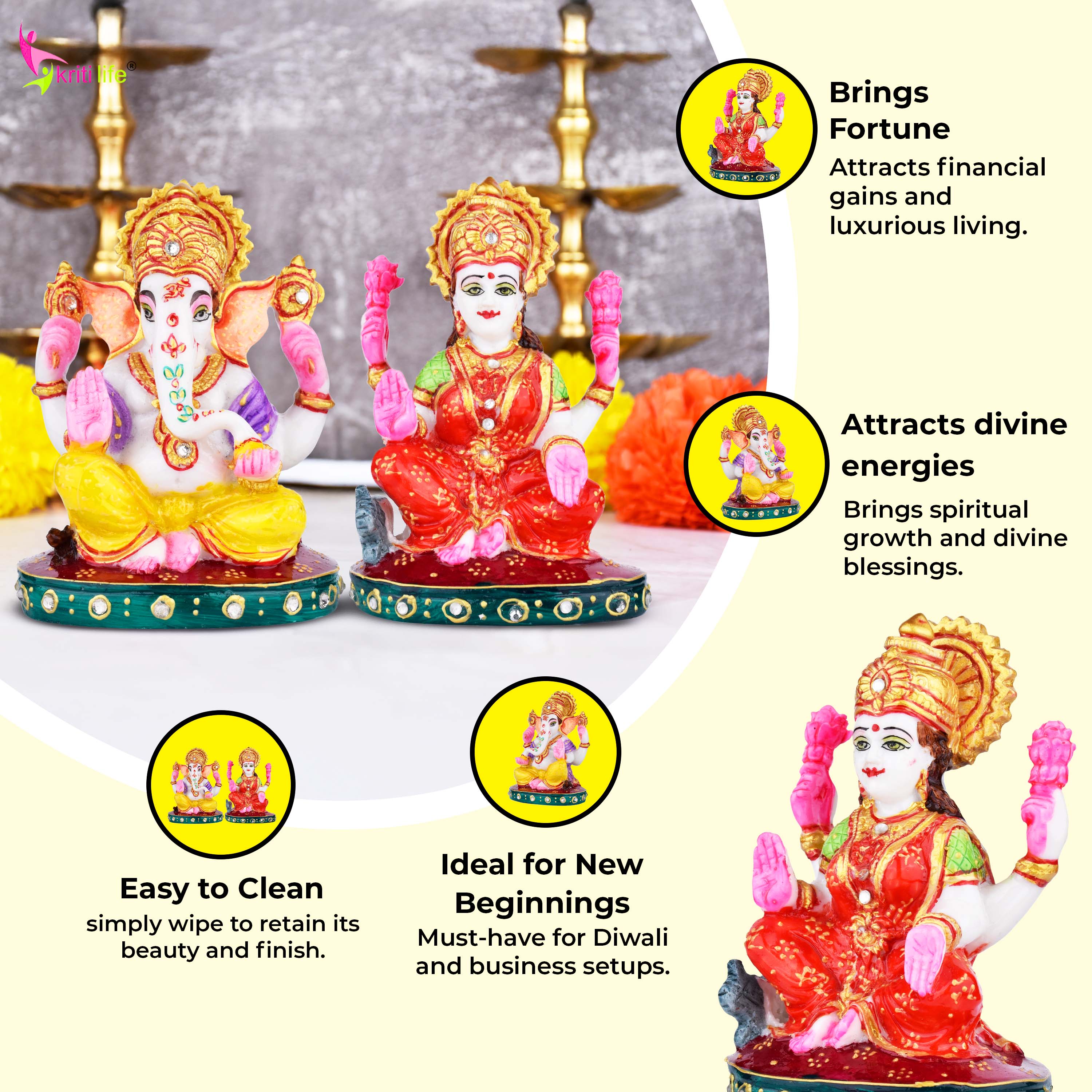 Laxmi Ganesh Idol Set | 6 inches | – Marble Dust Decorative Statue for Home & Pooja