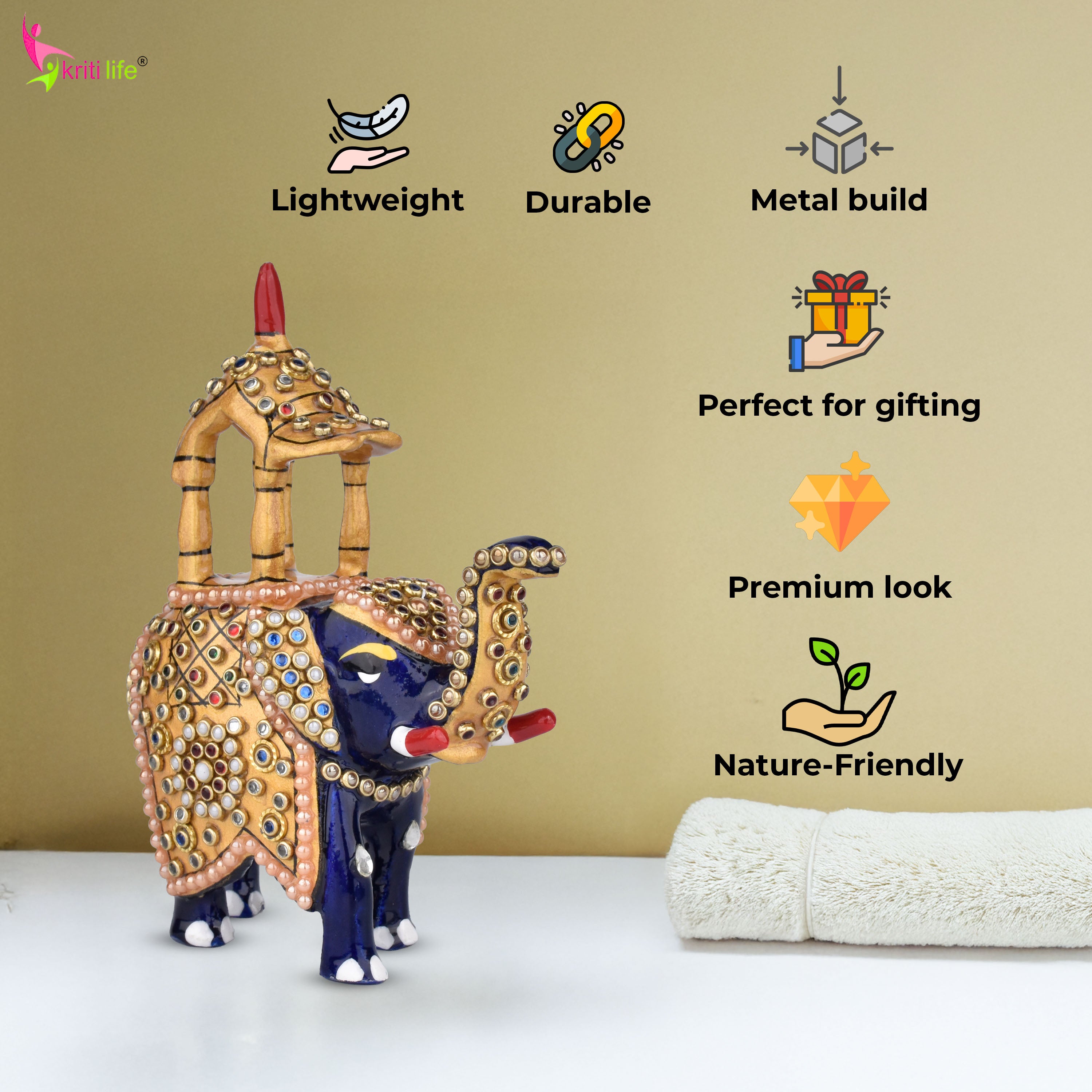 Handcrafted Aluminium Elephant Showpiece with Howdah | Ethnic Home Decor - 4 inches