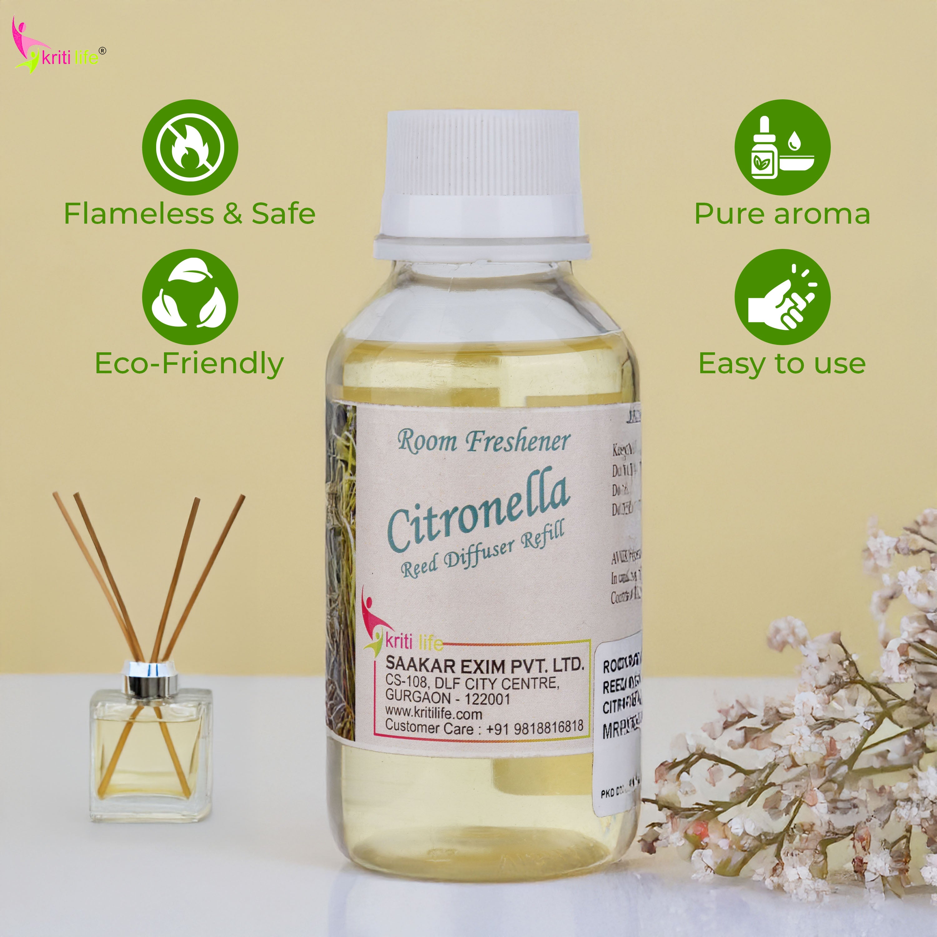 Kriti Life Reed Diffuser Refill - Citronella 90ML Long-Lasting Room Fragrance