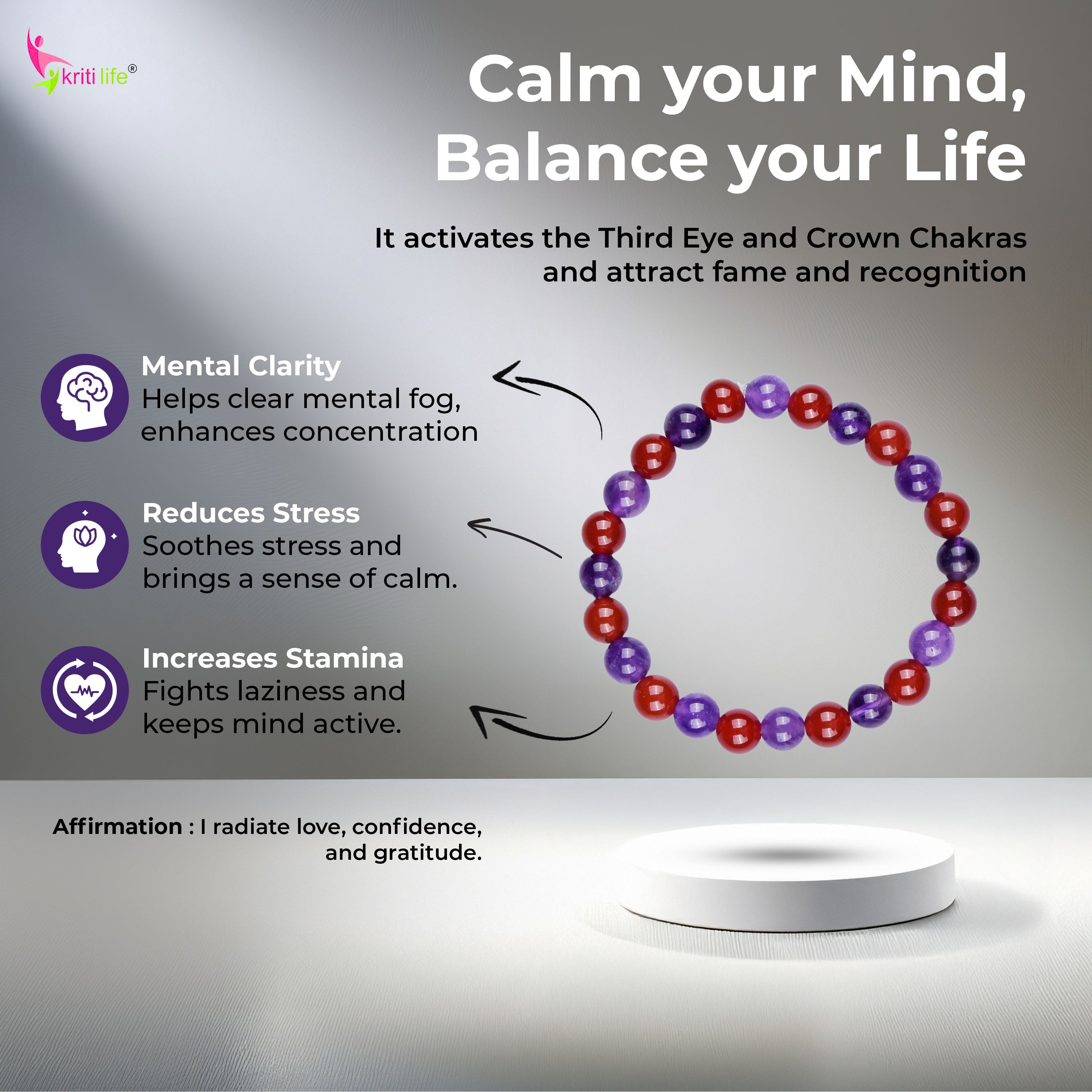 Natural Amethyst & Red Jasper Crystal Bracelet 8mm