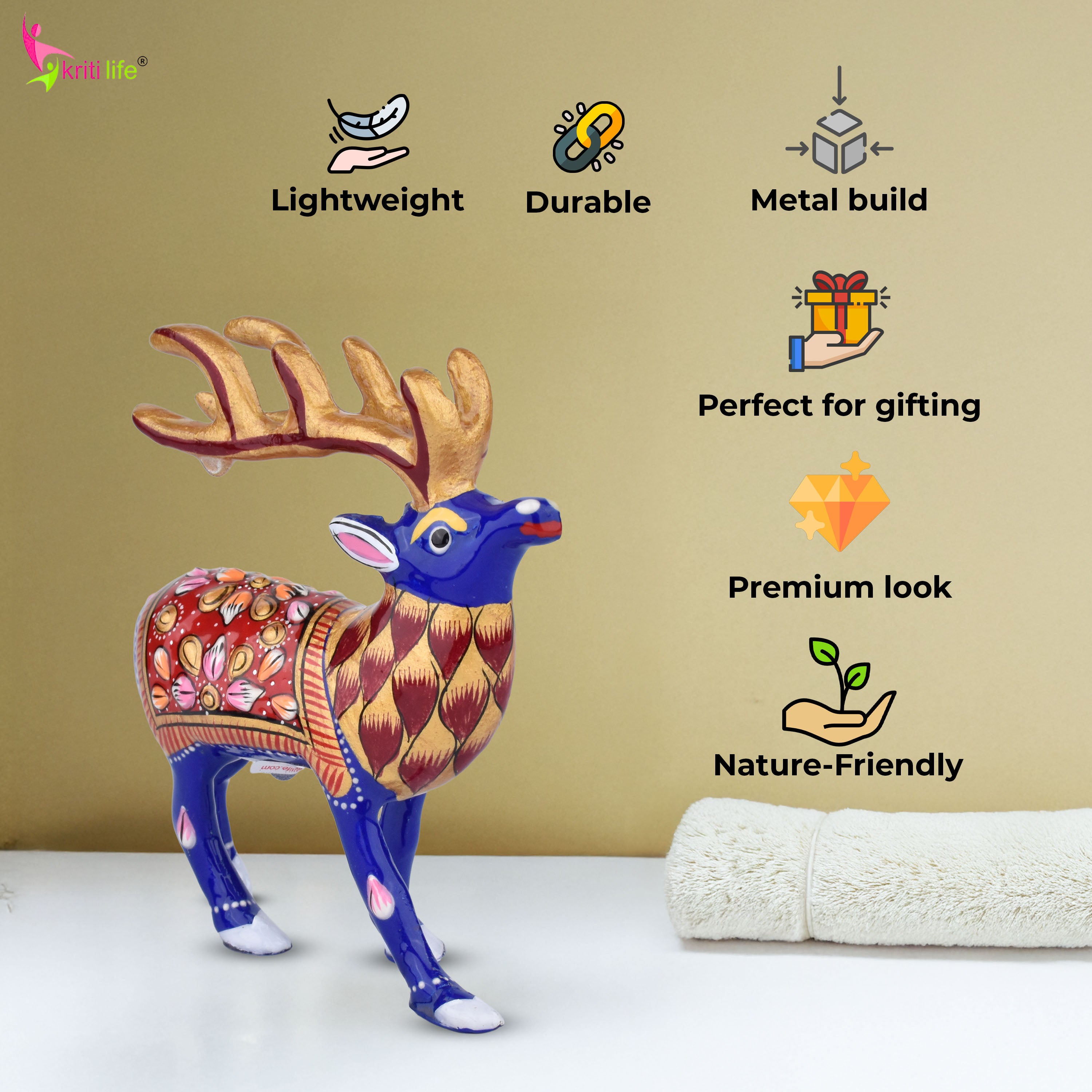 Handcrafted Aluminium Dear Showpiece | Enamel Painted Ethnic Decor