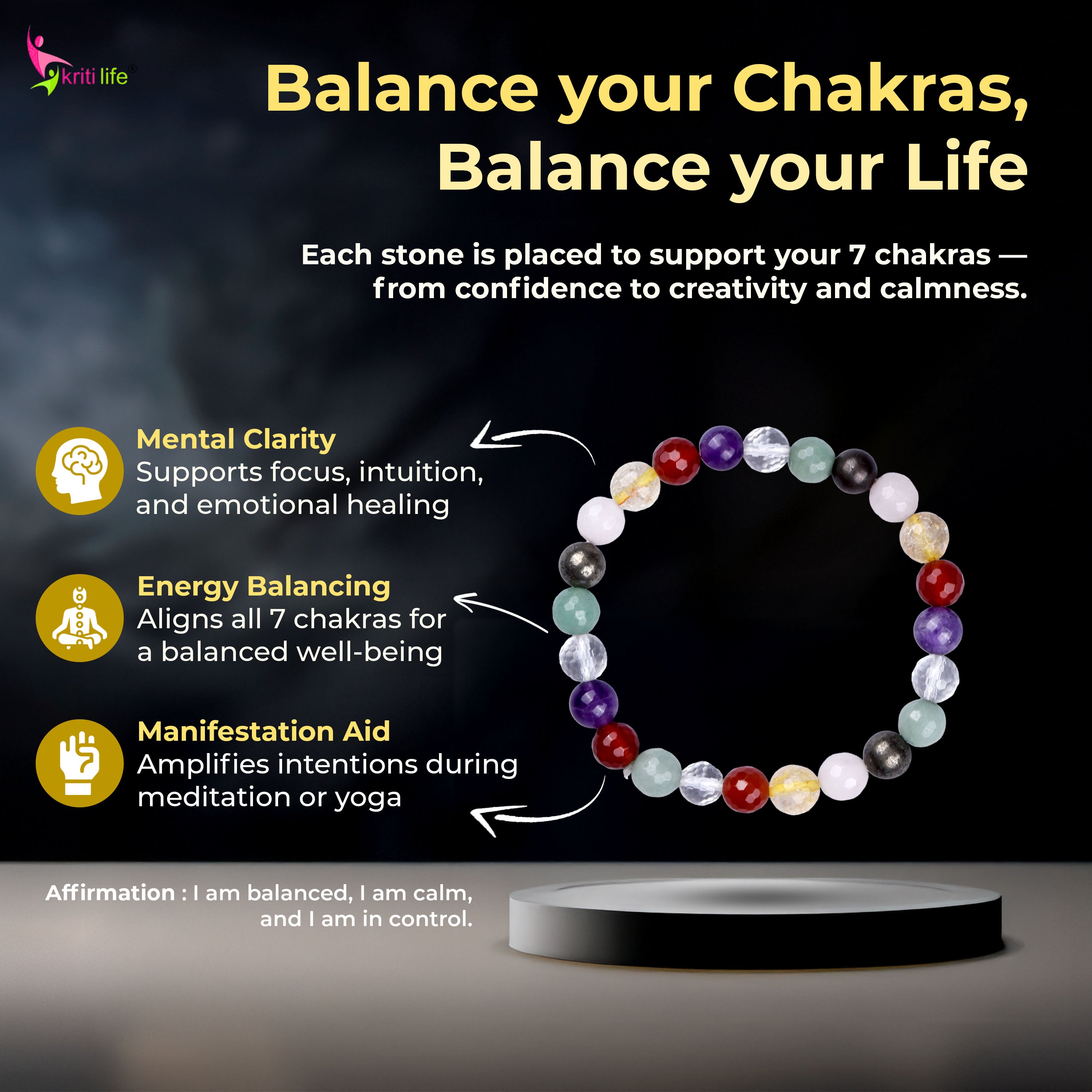 Natural 7 Chakra Healing Stone Crystal Bracelet |  attract positive energy