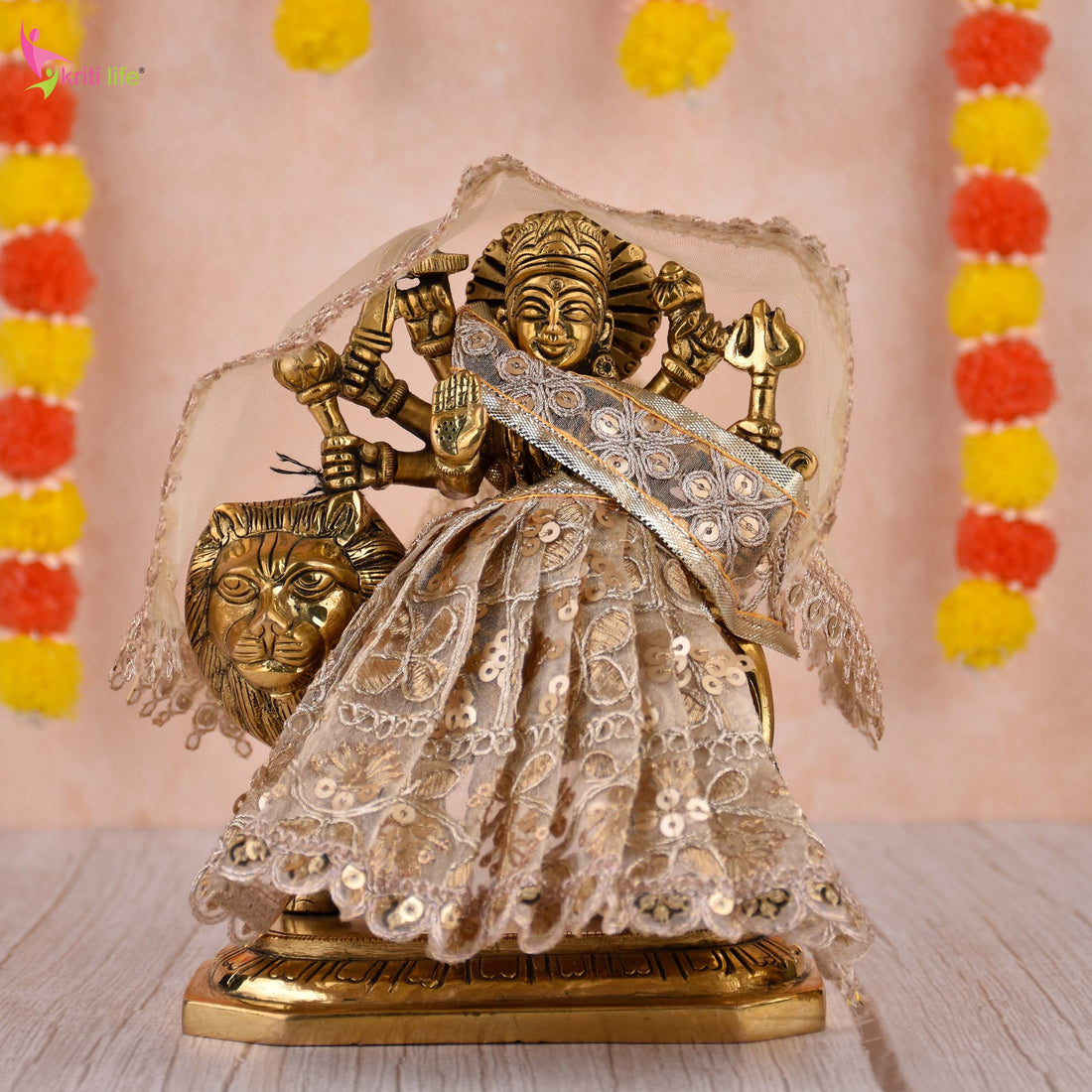 Golden Embroidered Mata Durga Dress for 7-Inch Idol | Traditional Lehenga Choli Set