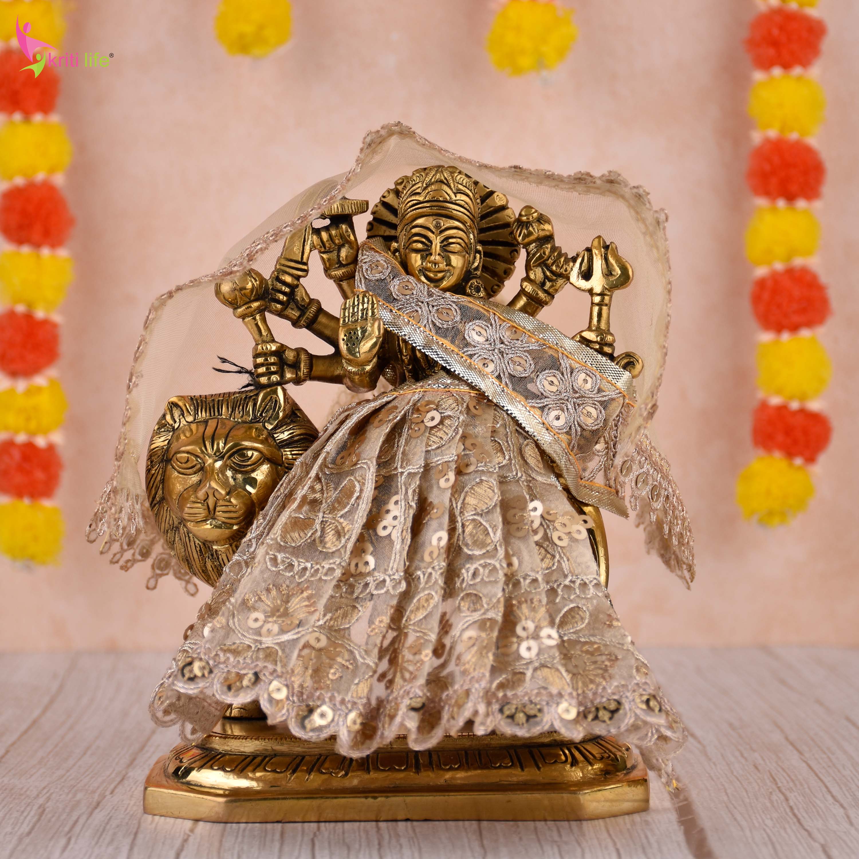 Golden Embroidered Mata Durga Dress for 7-Inch Idol | Traditional Lehenga Choli Set