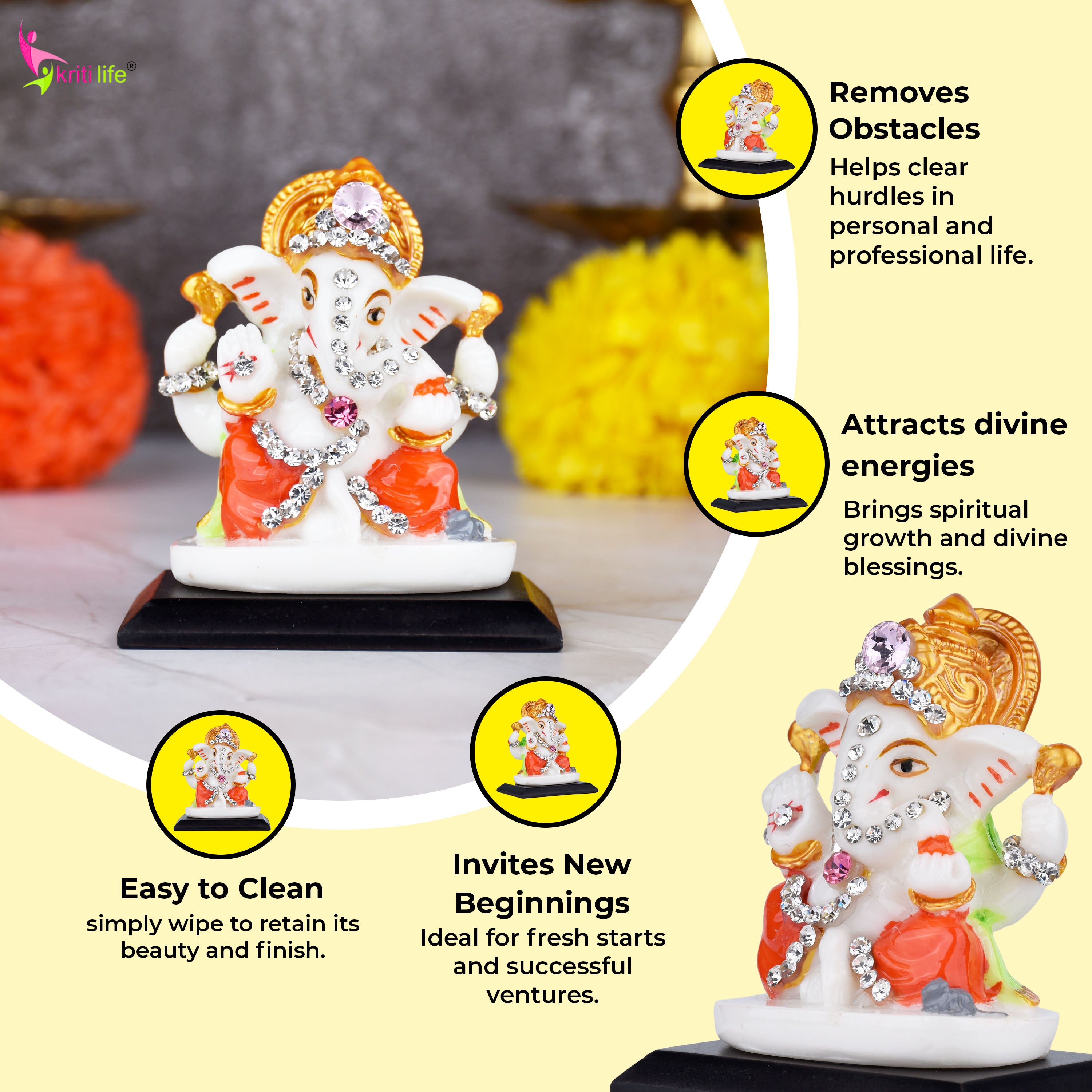 Lord Ganesha Idol with Crown & Orange Attire – Polyresin 2.5 inches Decorative Statue with Diamond Work