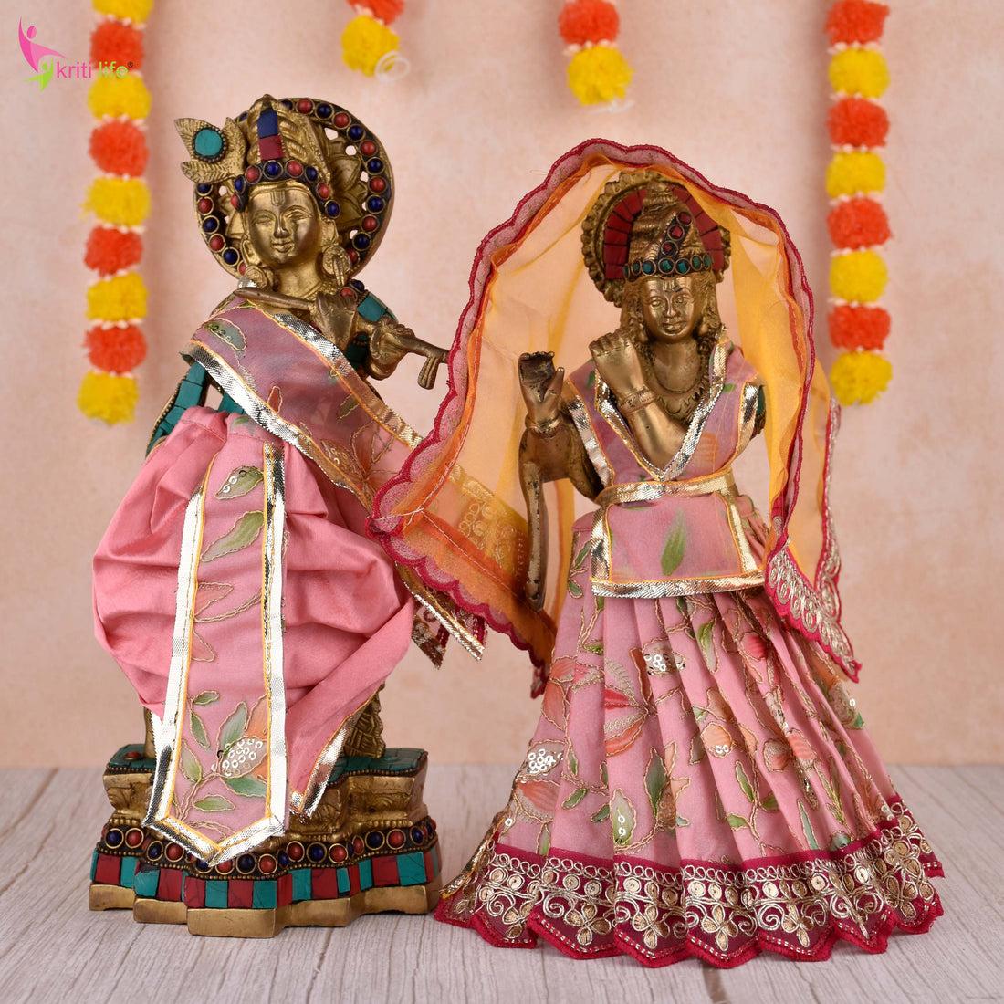 Traditional Radha Krishna Dress Set for 12 Inch Idol – Embroidered Pink Vastra with Dupatta