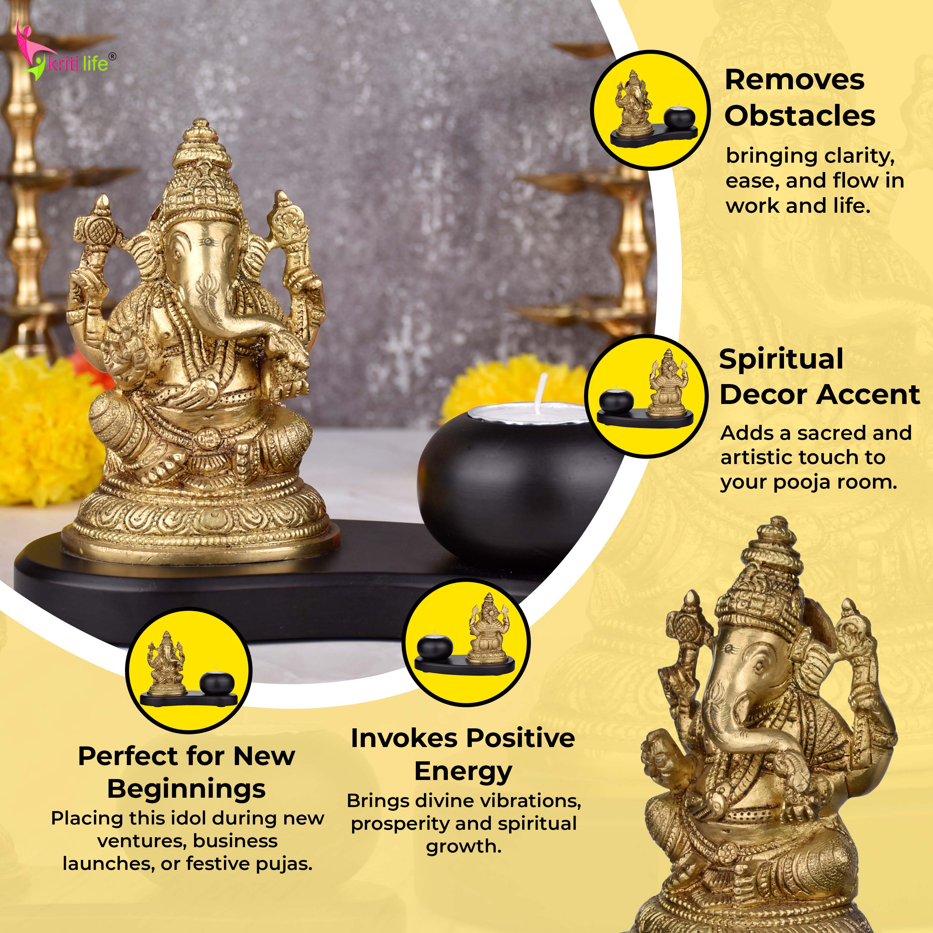 Brass Ganesha Idol With Tealight Holder- 6 Inch