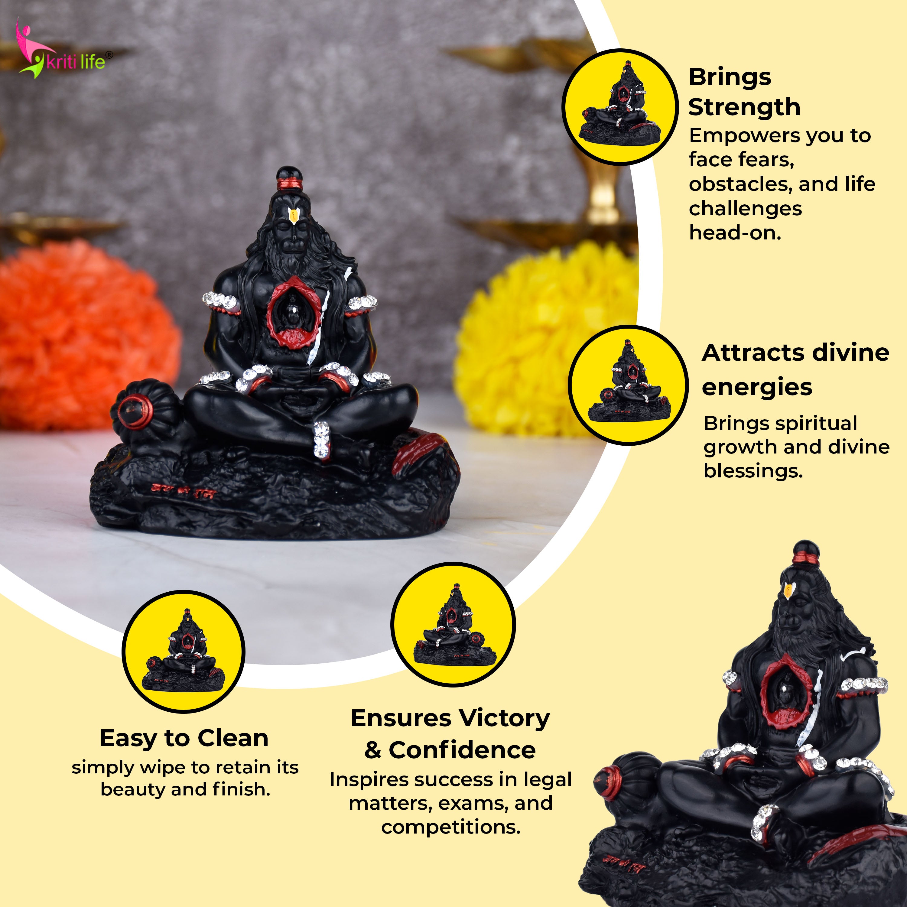 Lord Hanuman Idol – Devotional Black Statue Meditation - Shri Ram Inside Chest – Polyresin Statue - 3 inches