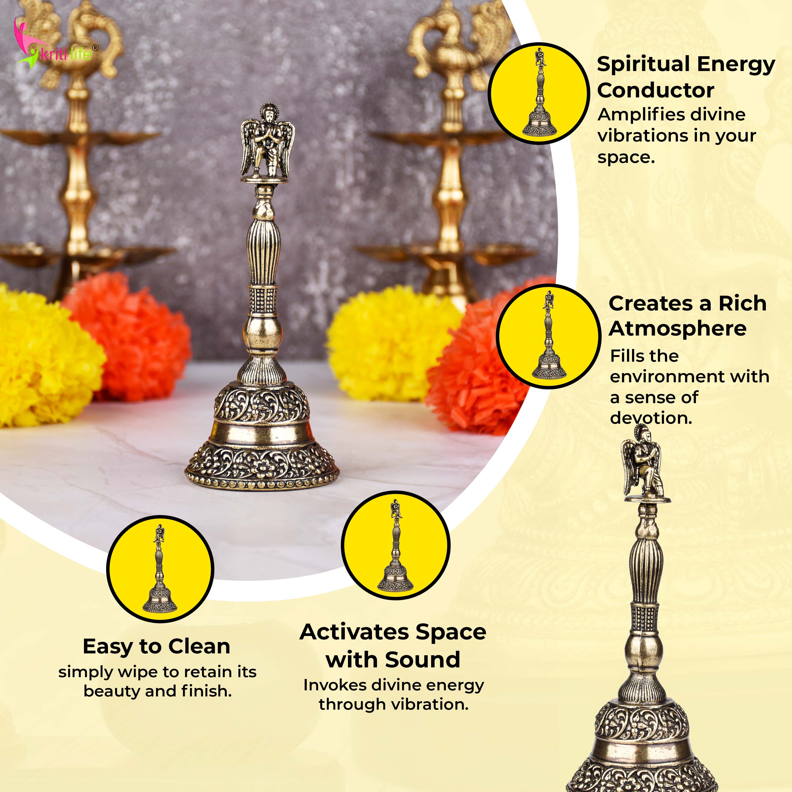 Handcrafted Brass Pooja Bell with Lord Garuda Handle | 5 inches | Traditional Temple Ghanti