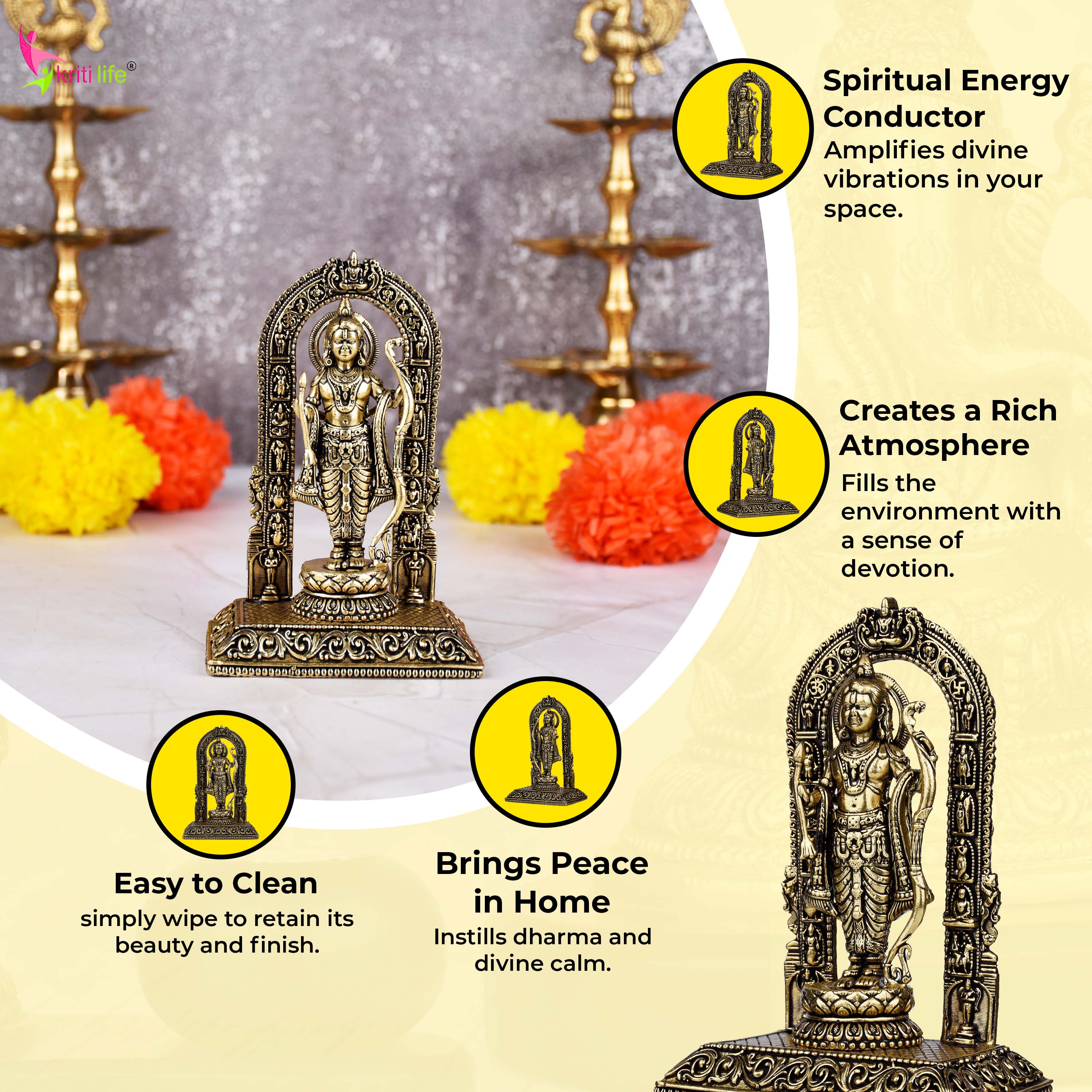 Brass Ram Lalla Idol – |  5 inches | Handcrafted Hindu God Statue for Home Temple & Decor