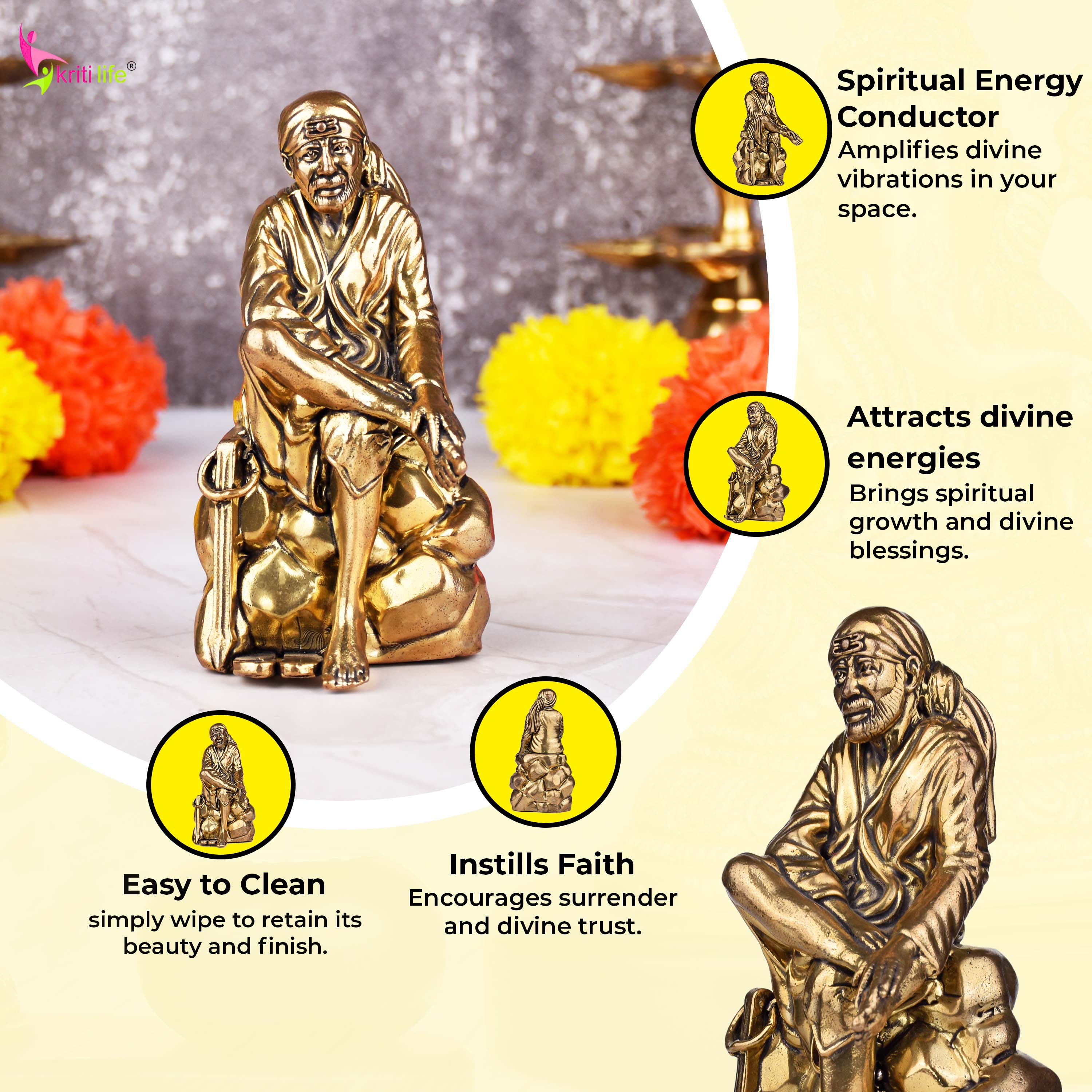 Brass Sai Baba Idol – Spiritual Sitting Pose Statue 4 inches for Home Temple & Décor- 4 inches