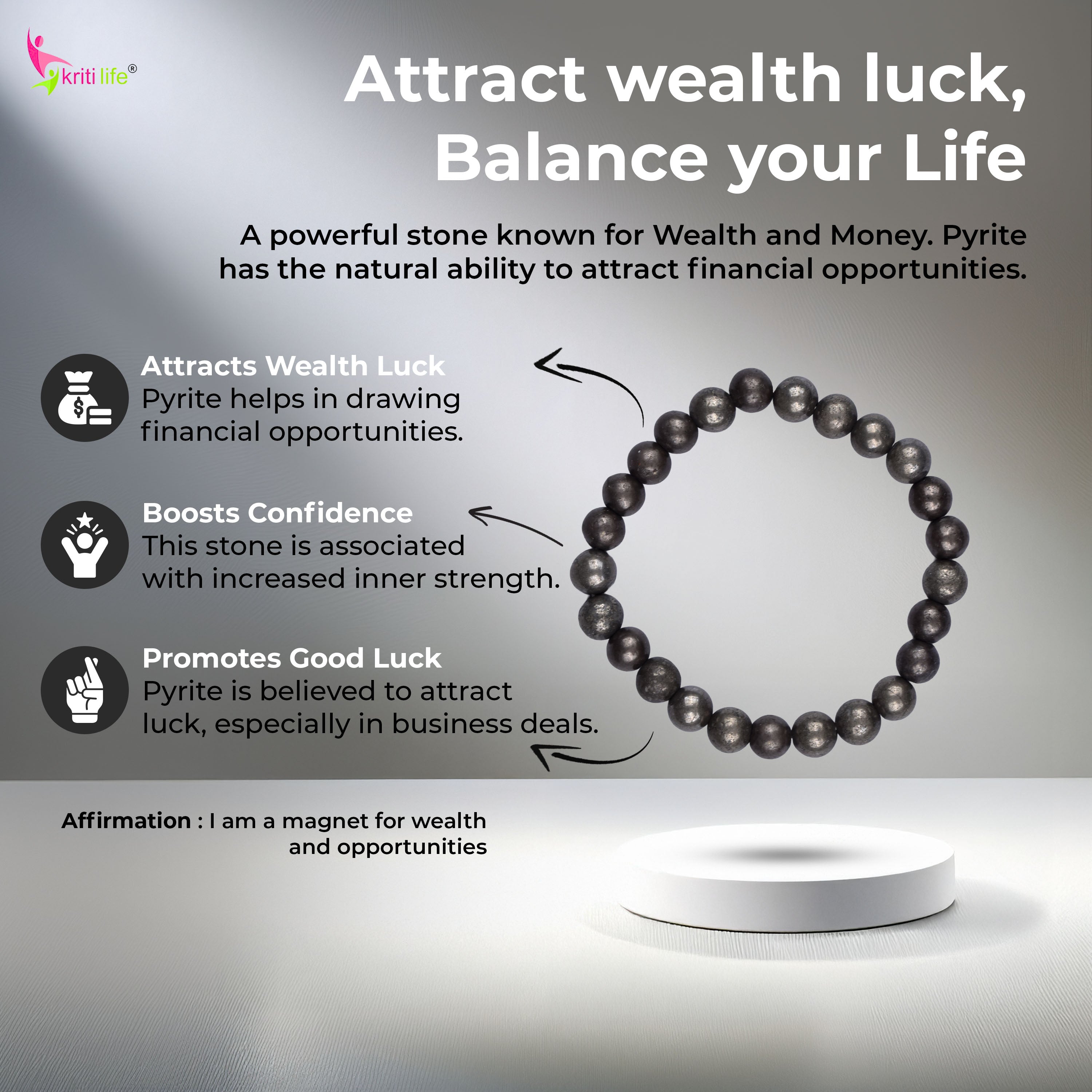 Natural Pyrite Stone Bracelet – Attract Wealth, Confidence & Good Luck-8mm