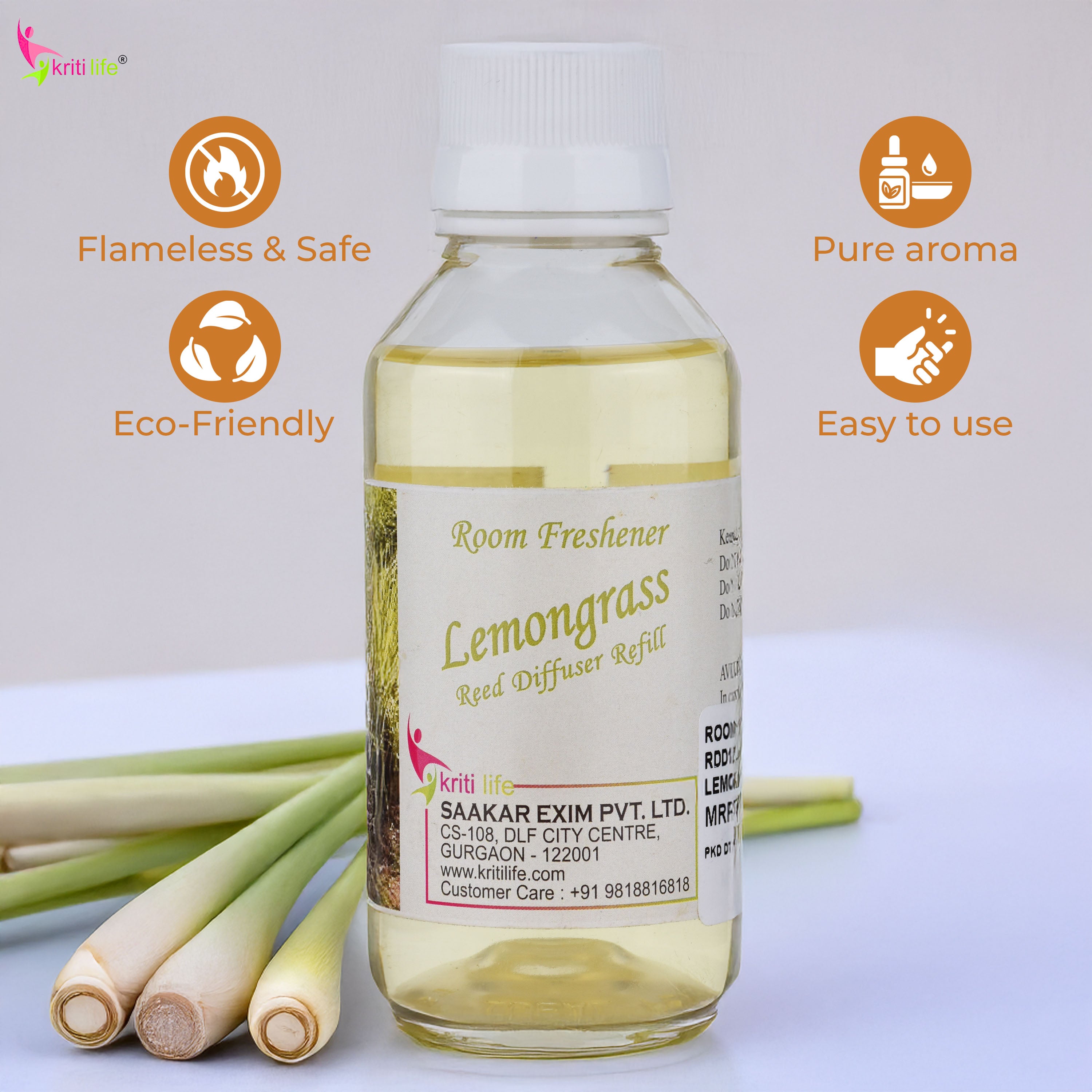 Kriti Life Reed Diffuser Refill - Lemon 90ML Long-Lasting Room Fragrance
