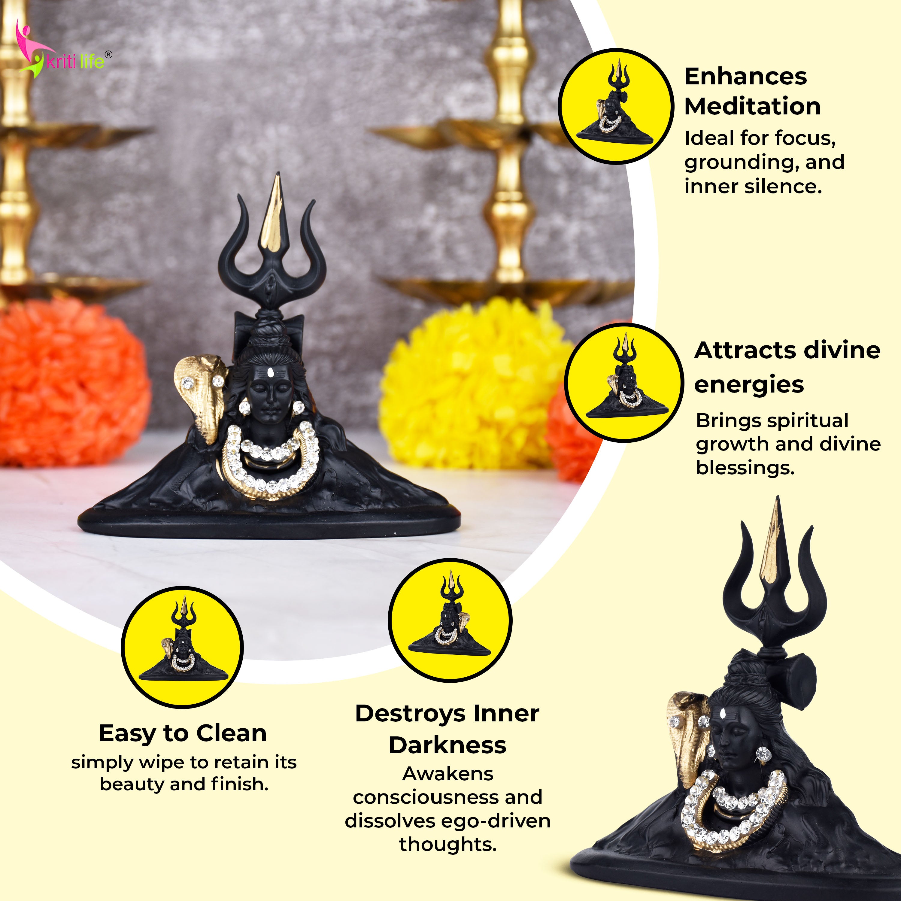 Lord Shiva Idol – Polyresin Shiv Ji Black Murti 4 inches with Trishul & Snake Design