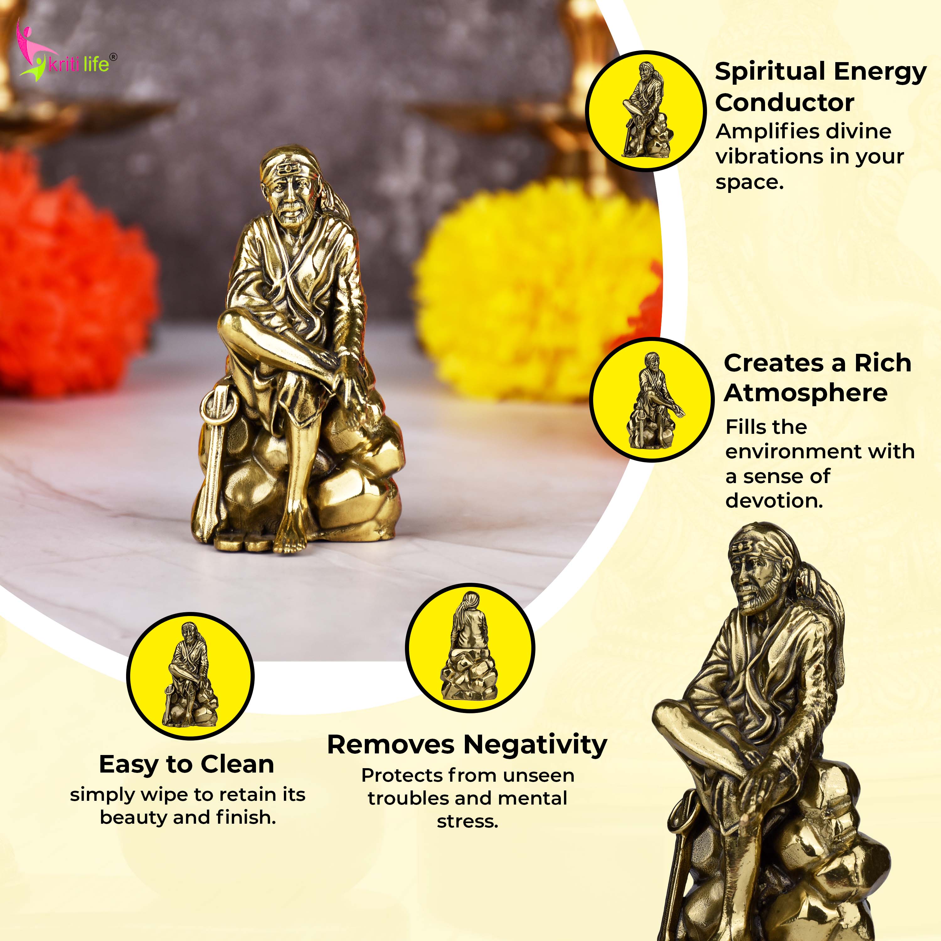 Brass Sai Baba Idol – Sitting Pose Statue for Home Mandir & Spiritual Décor |Small size| 3 inches