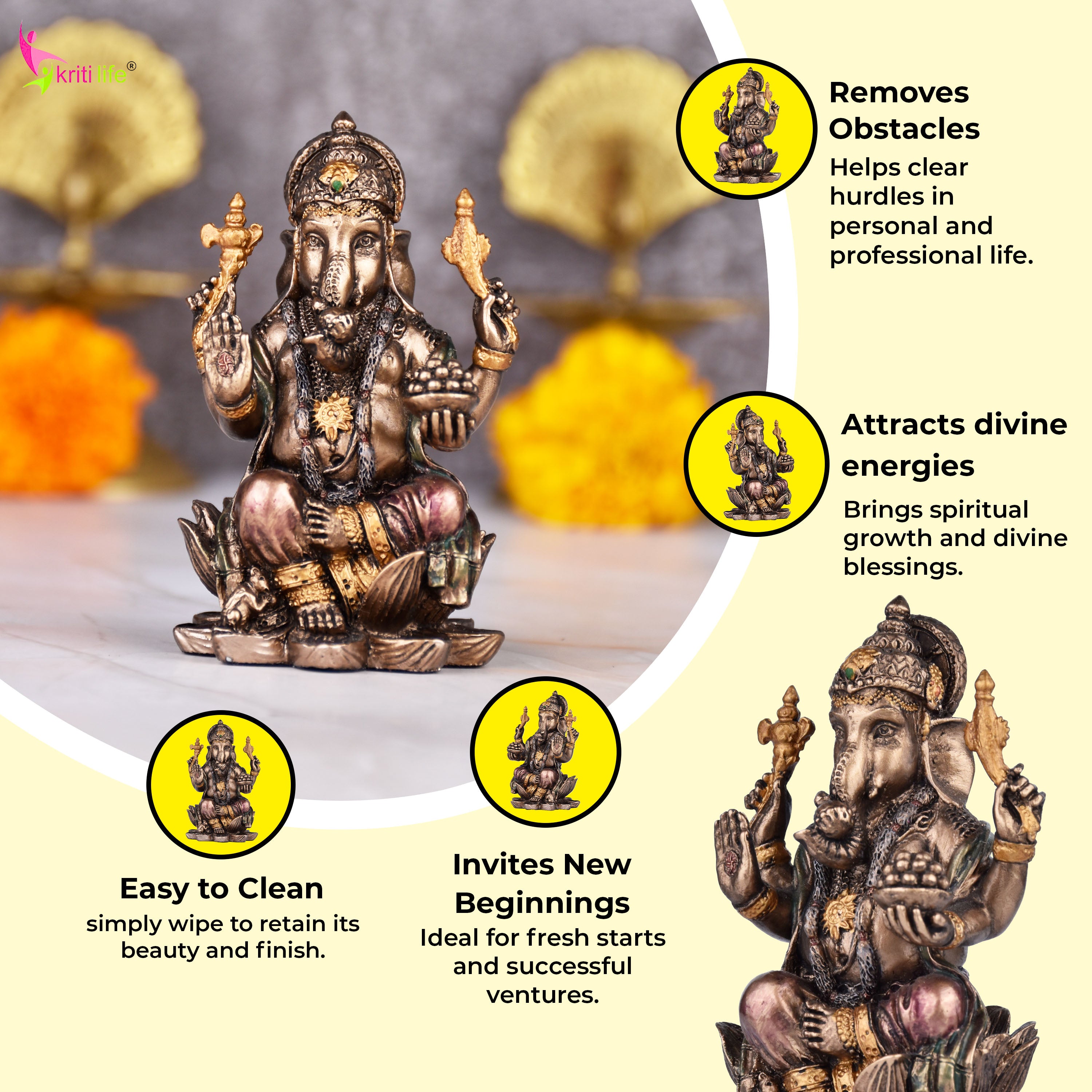 Antique Finish Lord Ganesha Idol in Polyresin – Ganpati Statue 3 inches for Pooja, Home & Office Décor