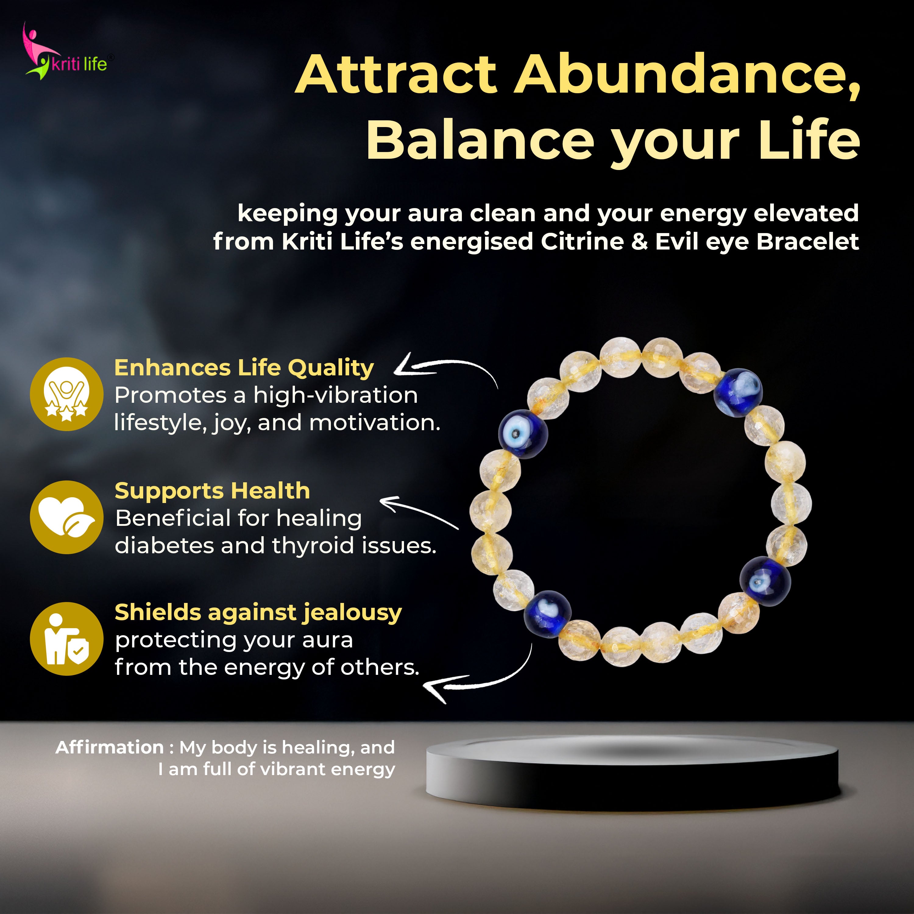 Natural Citrine & Evil Eye Stone Bracelet for Prosperity, Protection - 8mm