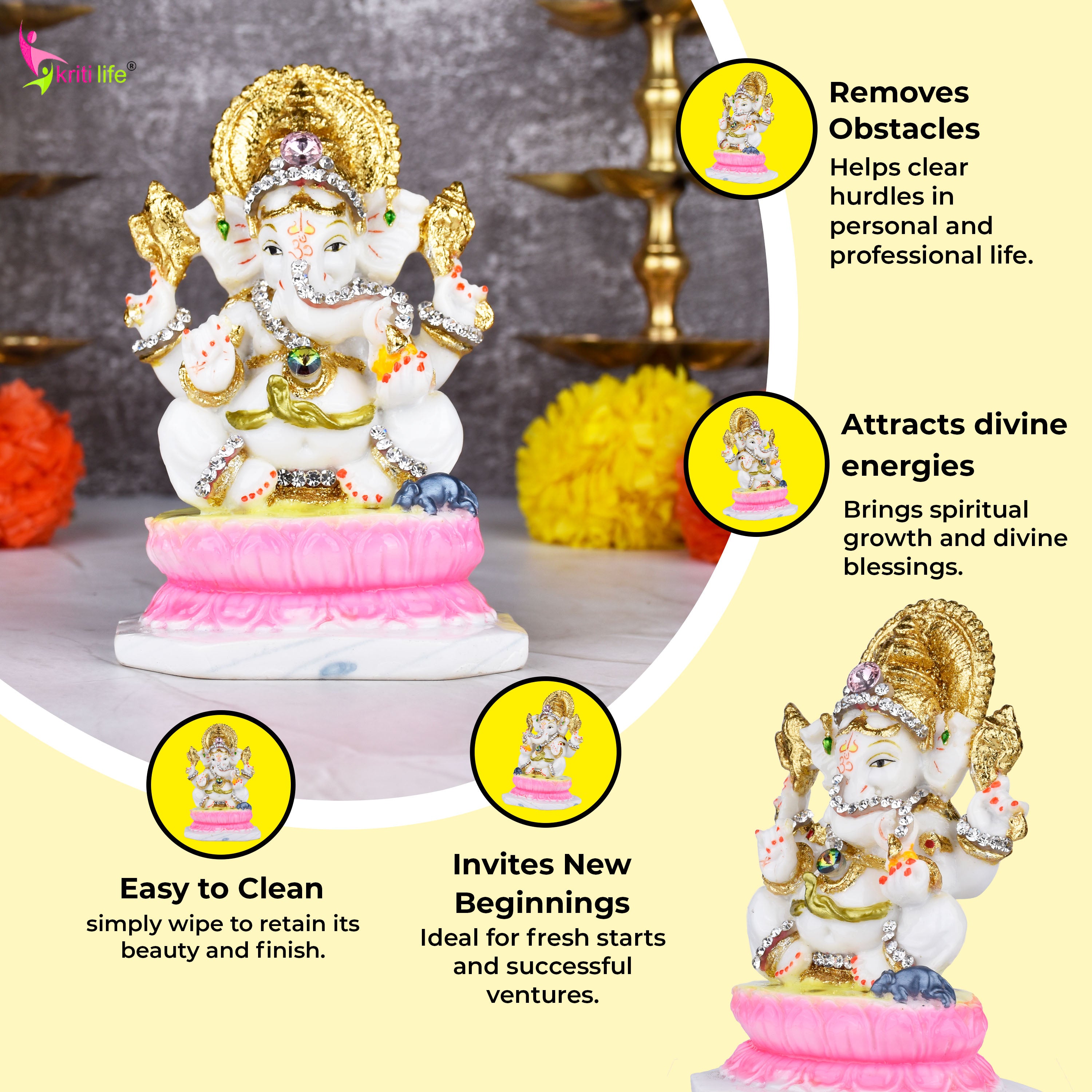 Lord Ganesha Idol – Decorative Polyresin Statue with Stones & Pink Lotus Base - 5.5 inches