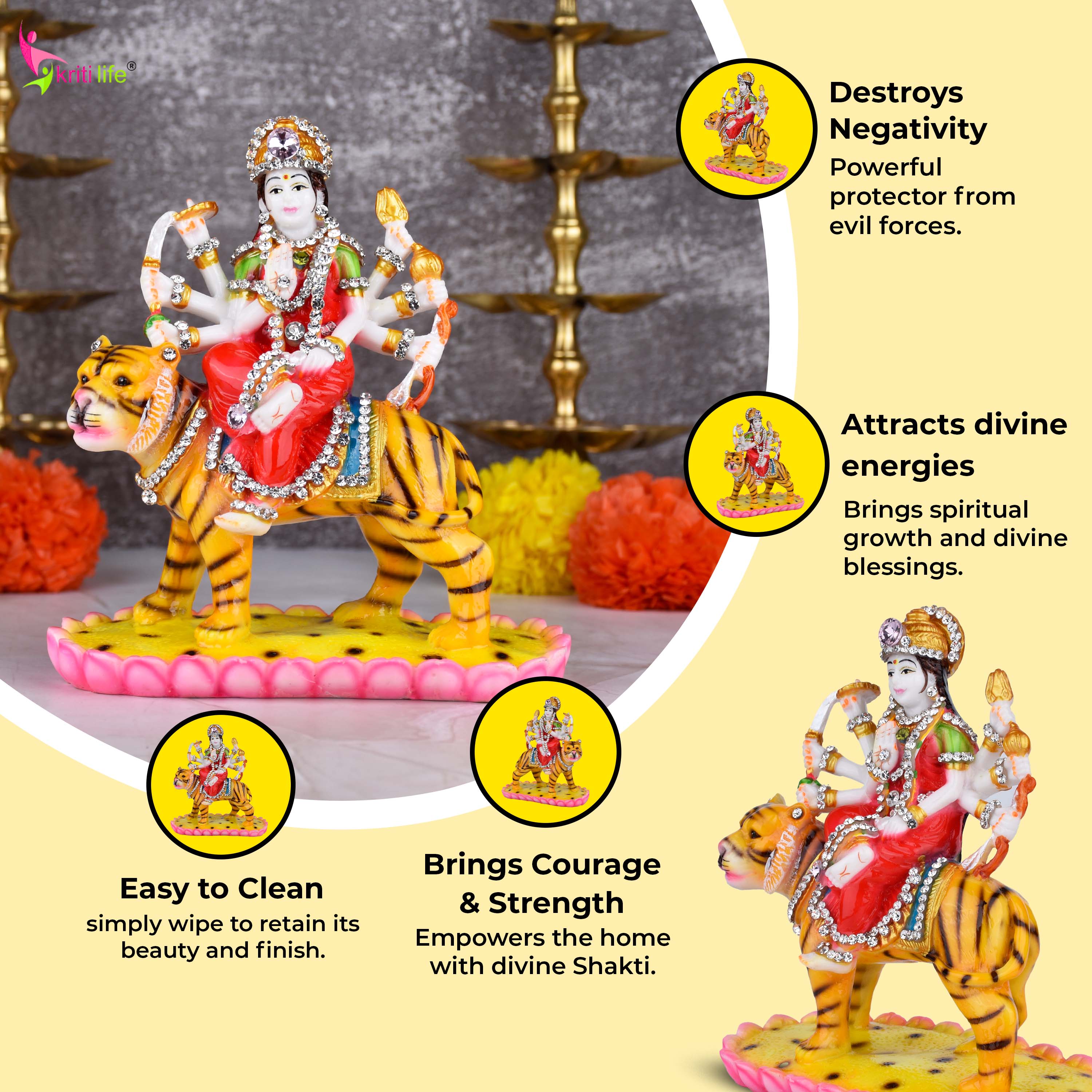 Goddess Durga Idol on Tiger – Polyresin Statue with Decorative Stones for Home Temple & Navratri | 7 inches
