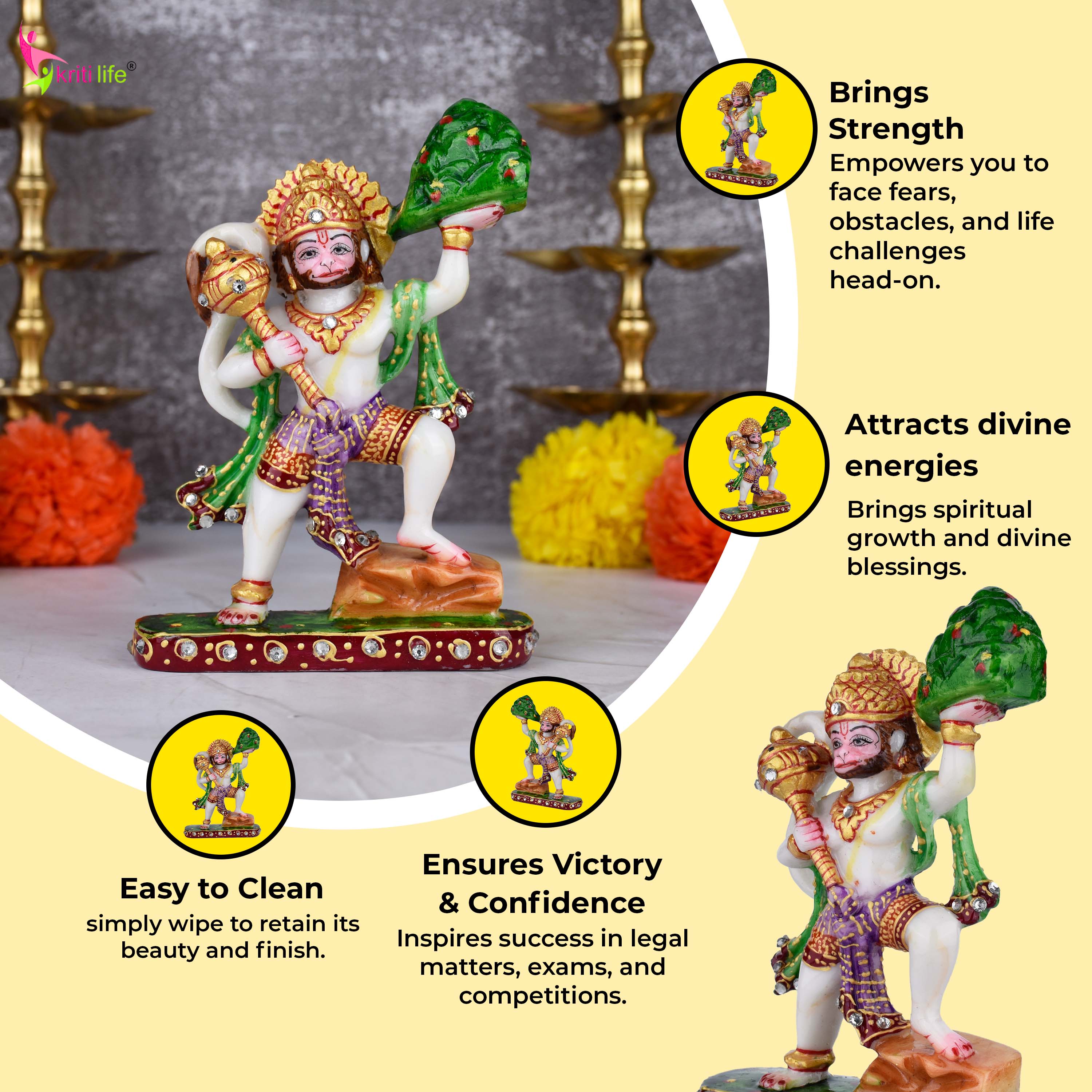 Lord Hanuman Idol – Marble Dust Statue 6 inches with Sanjeevani Mountain and Mace