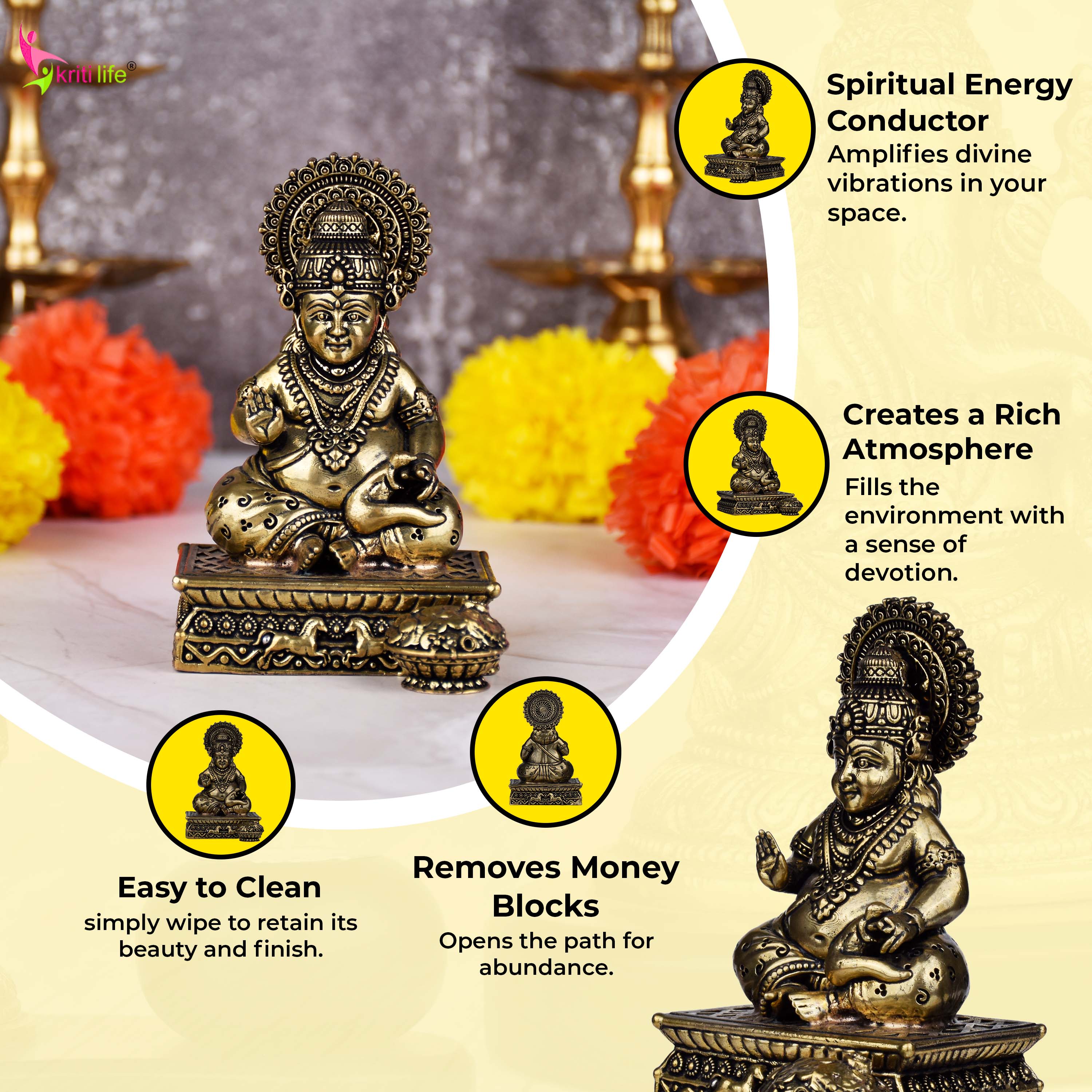 Handcrafted Brass Lord Kuber Idol | 4 inches Hindu God of Wealth Statue for Home Temple & Decor