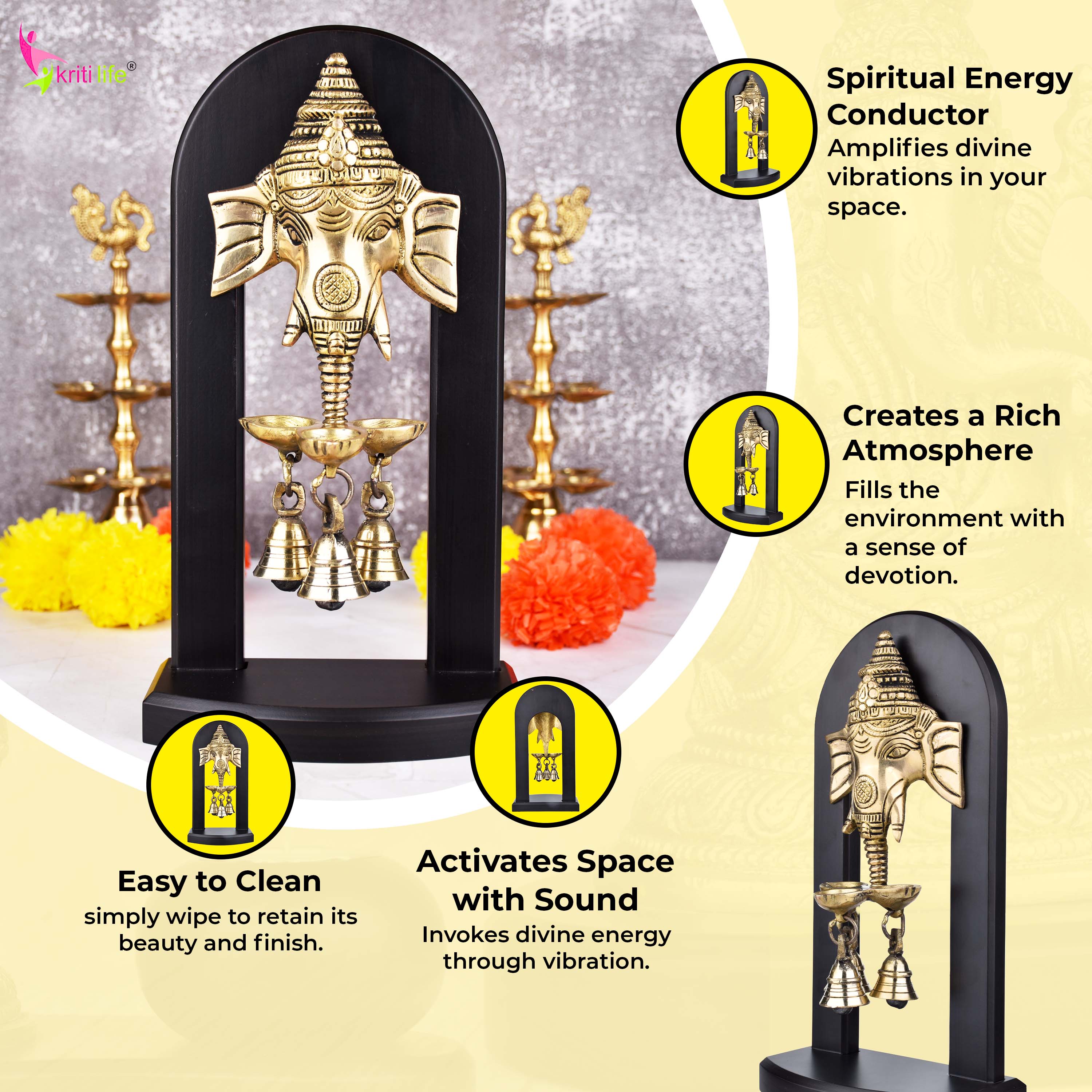 Brass Ganesha Wall Hanging Bell with Wooden Frame -11 inches – Decorative and Auspicious Door/Wall Accent