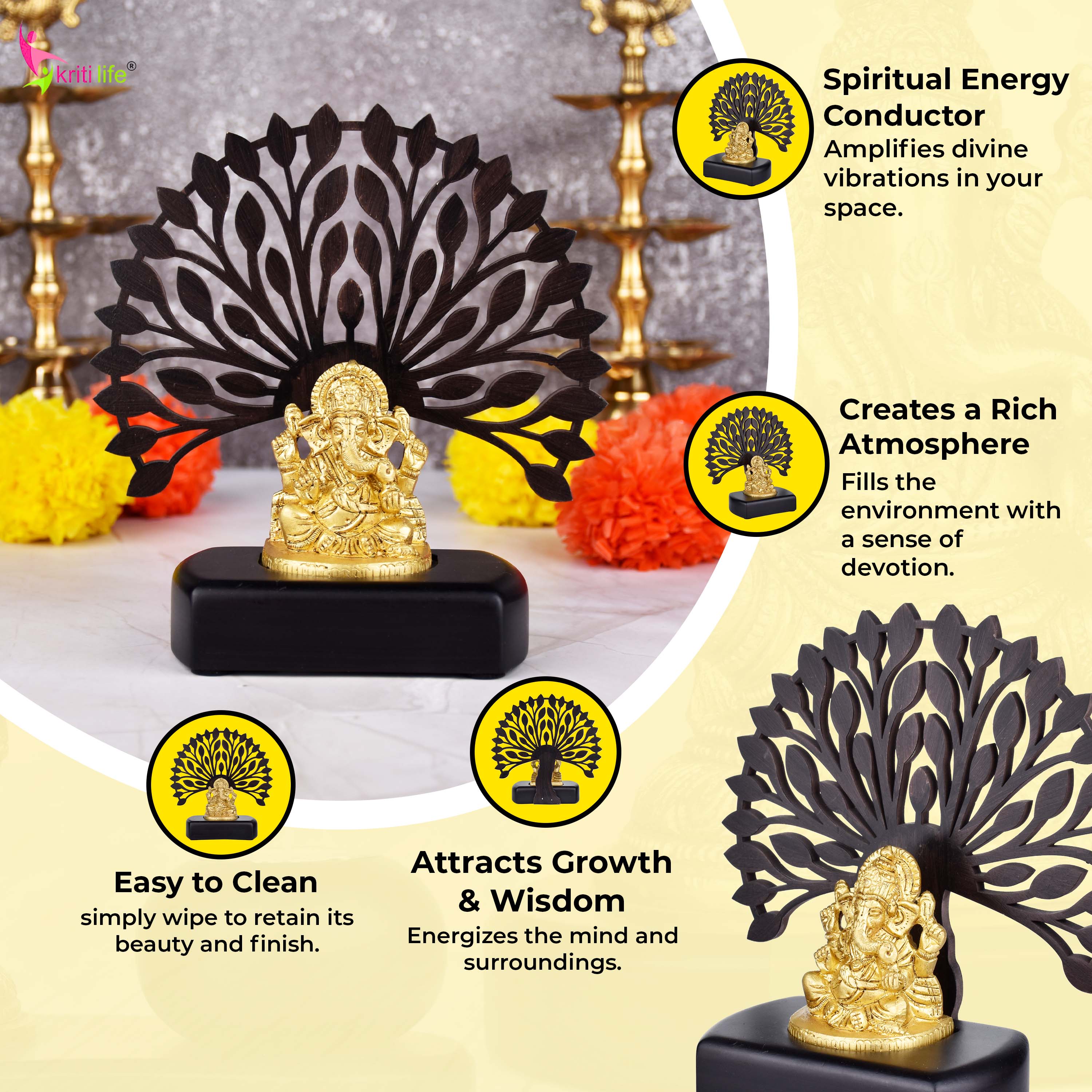 Brass Lord Ganesha Idol with Wooden Tree Backdrop – | 6  inches | Decorative Showpiece for Home & Office