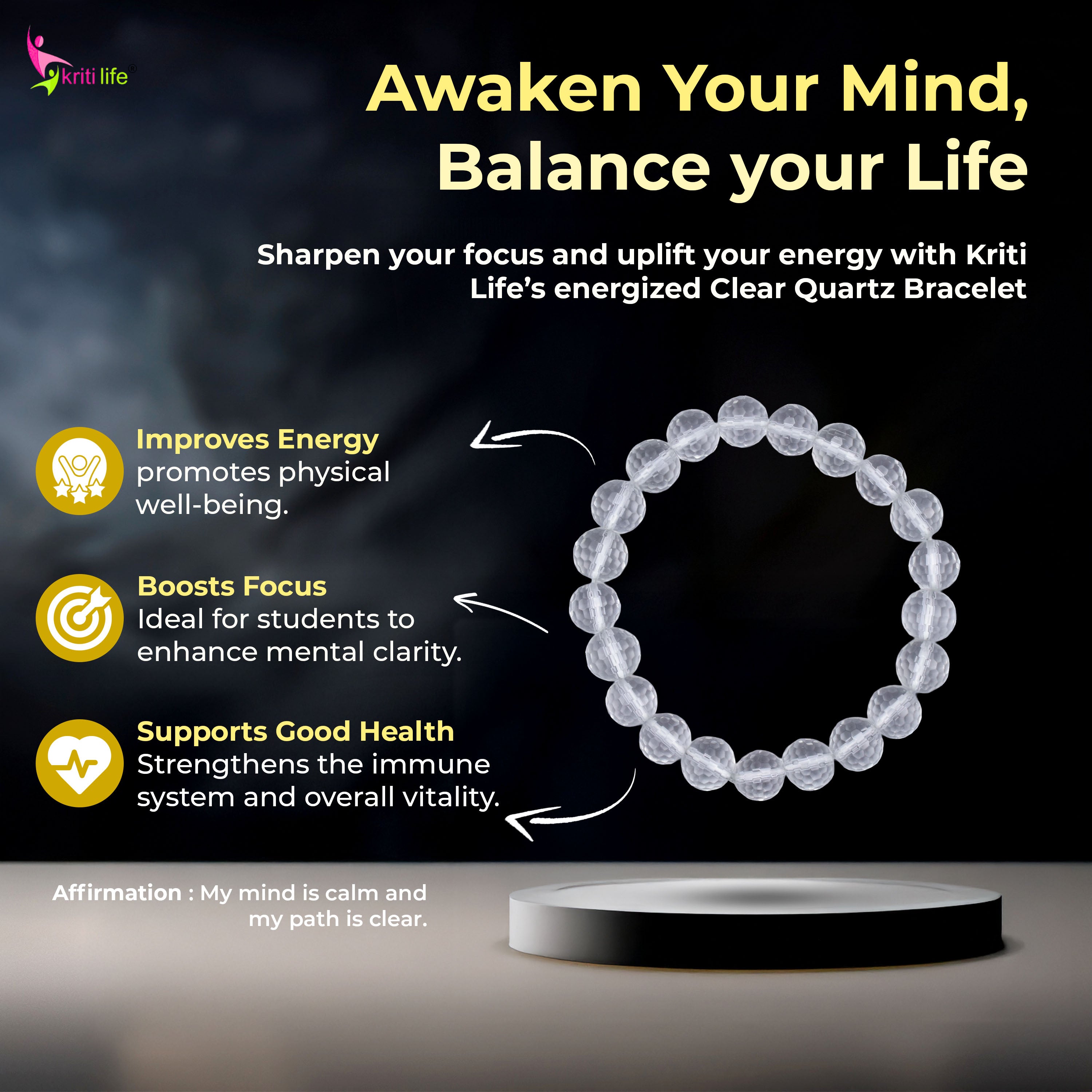 Natural Clear Quartz Crystal Bracelet for Focus, Energy & Healing-10mm