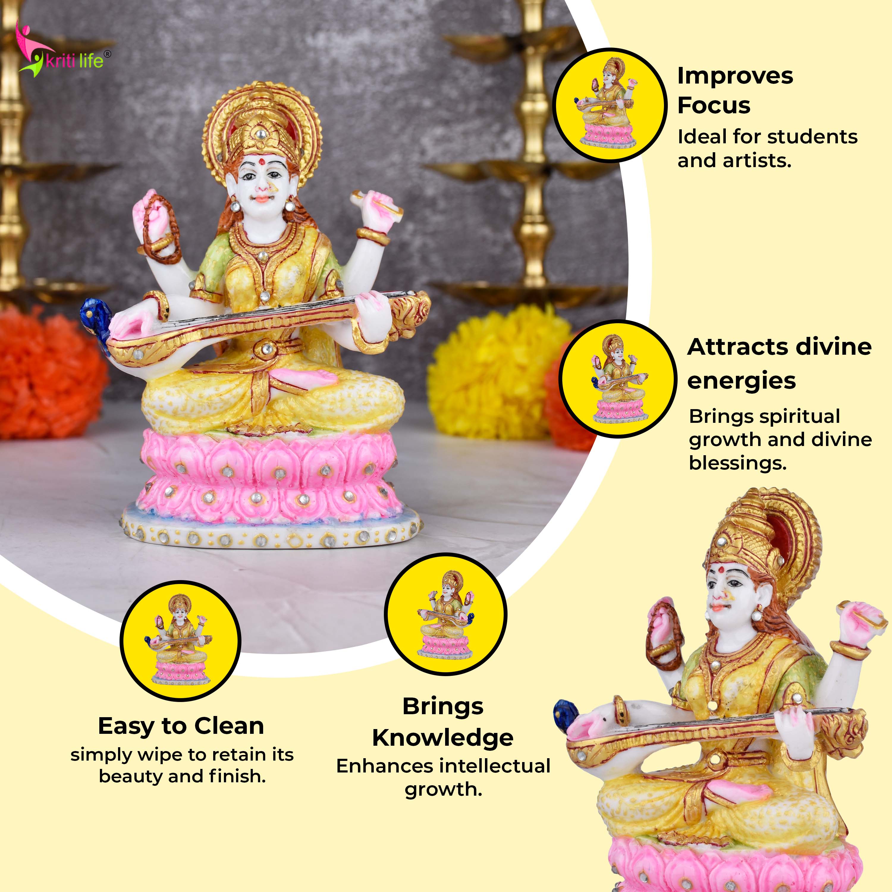 Goddess Saraswati Idol | 5 inches | – Handcrafted Marble Dust Elegant Decorative Statue for Home & Study Room