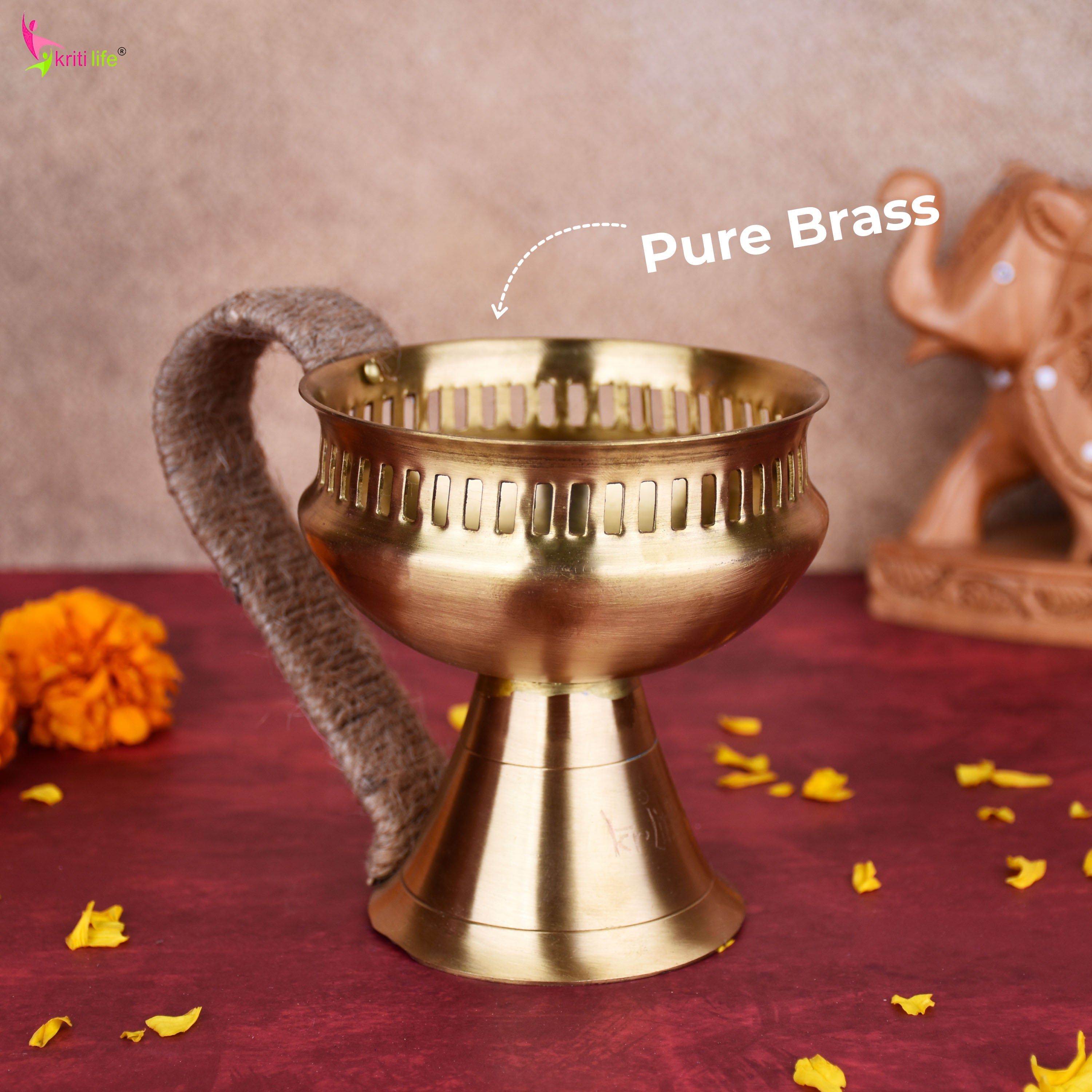 Brass Dhupiya with Jute Handle | Handcrafted Dhoop Burner for Pooja & Havan- 6 inches