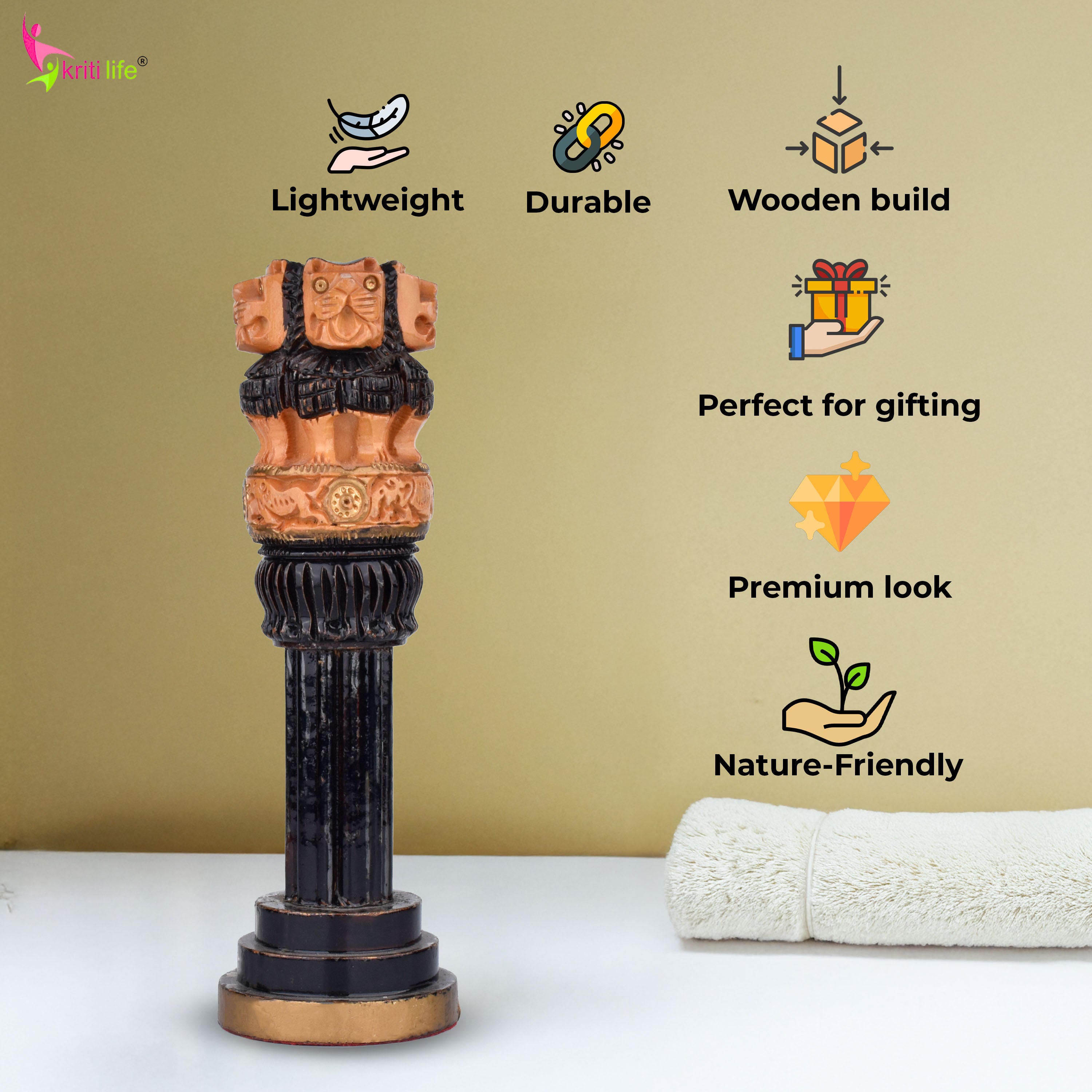 Wooden Ashok Stambh | National Emblem with Black & Natural Finish- 6 inches