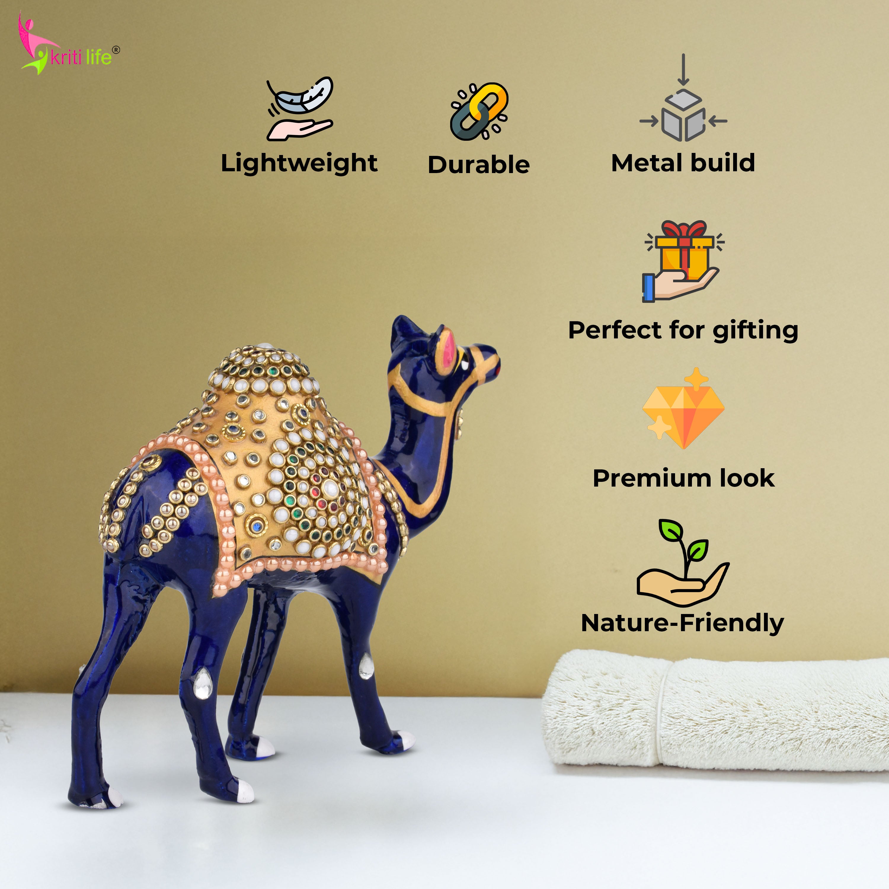 Camel Showpiece | Aluminium Decor with Enamel & Stones - 6 inches