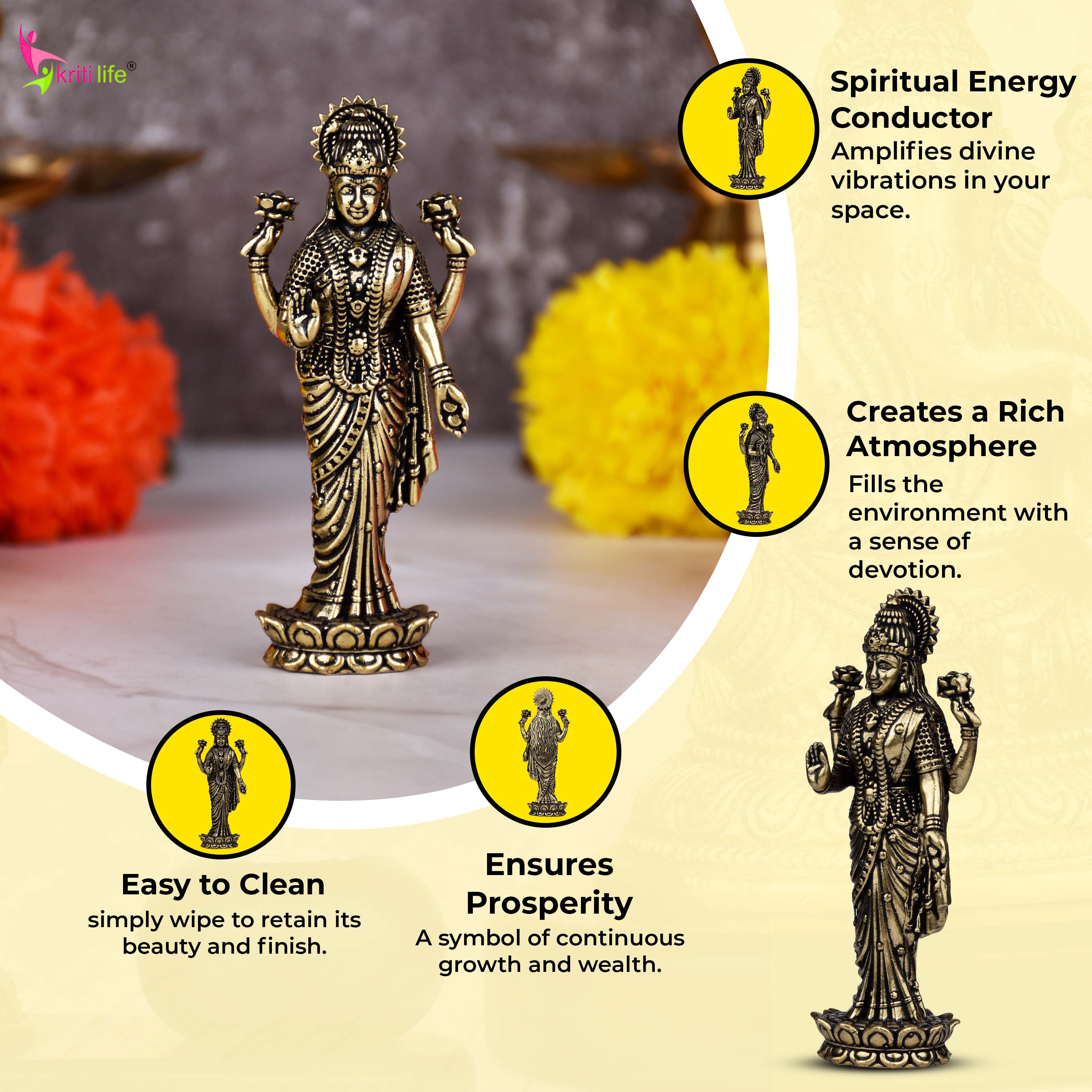 Brass Goddess Lakshmi Idol | 3 inches | – Handcrafted Figurine for Pooja Room & Home Decor | Small Size