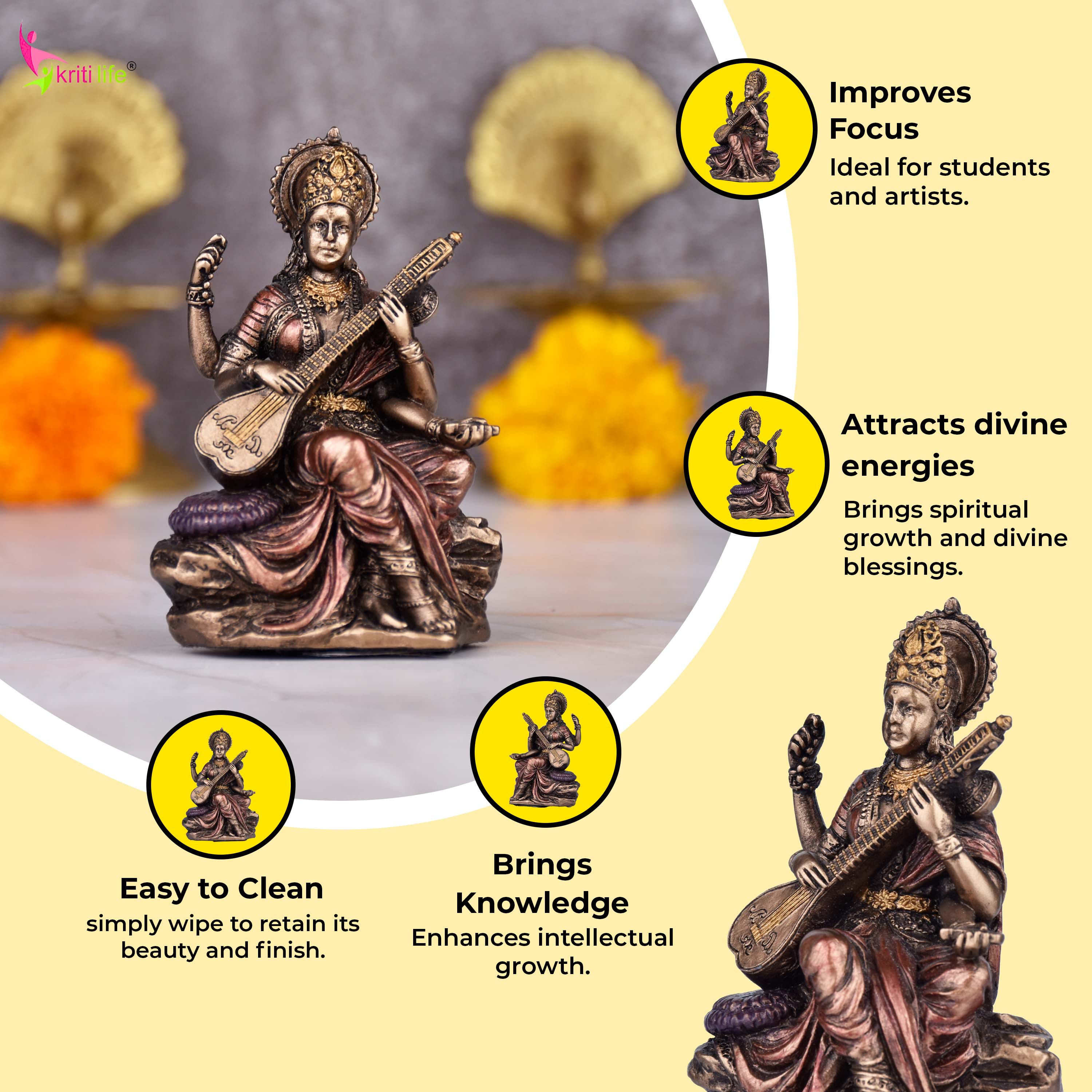 Saraswati Idol – 3  inches - Mini Polyresin Goddess Statue for Study & Home Décor