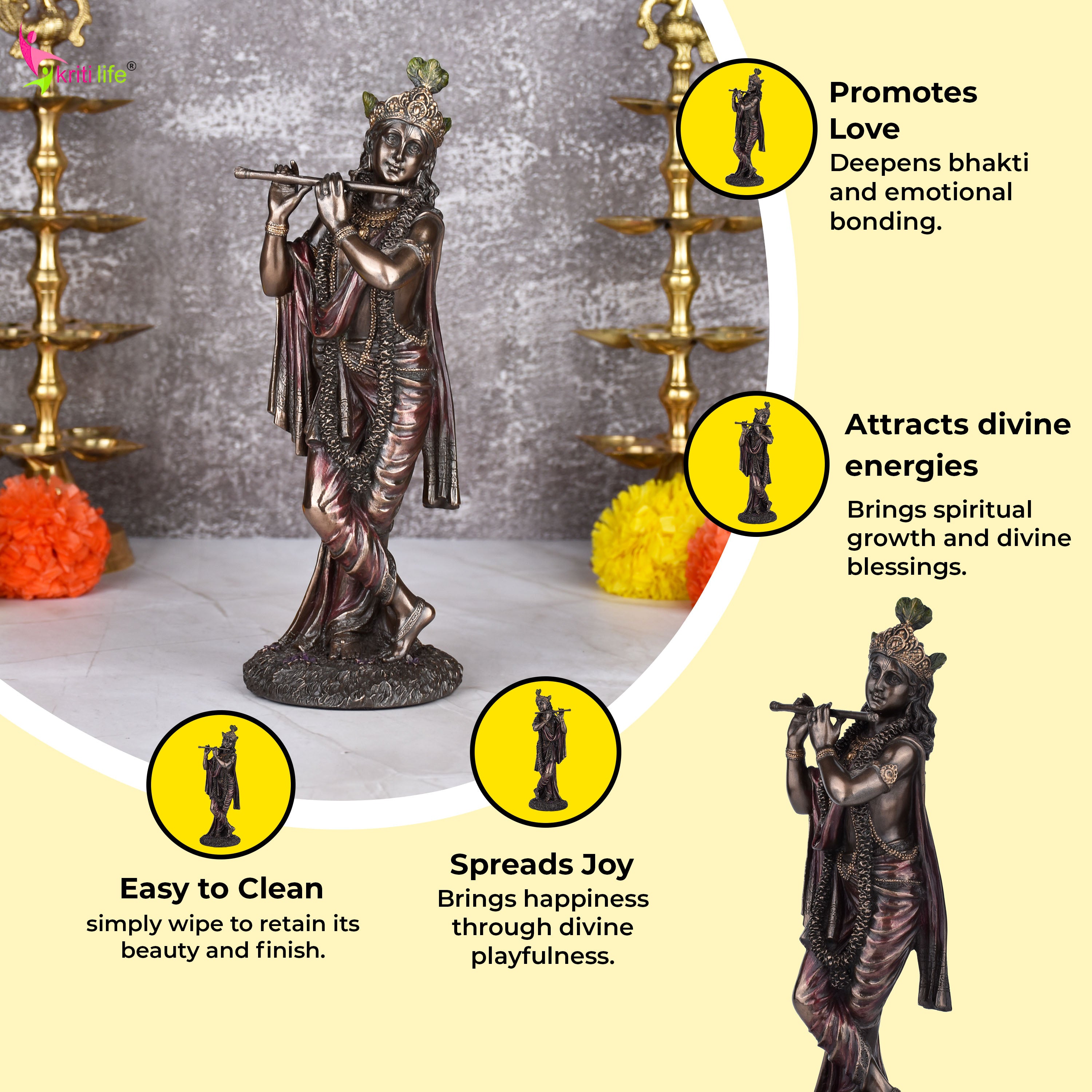 Lord Krishna Flute Idol | 10 inches | – Polystone Statue with Antique Finish for Home Temple & Gift