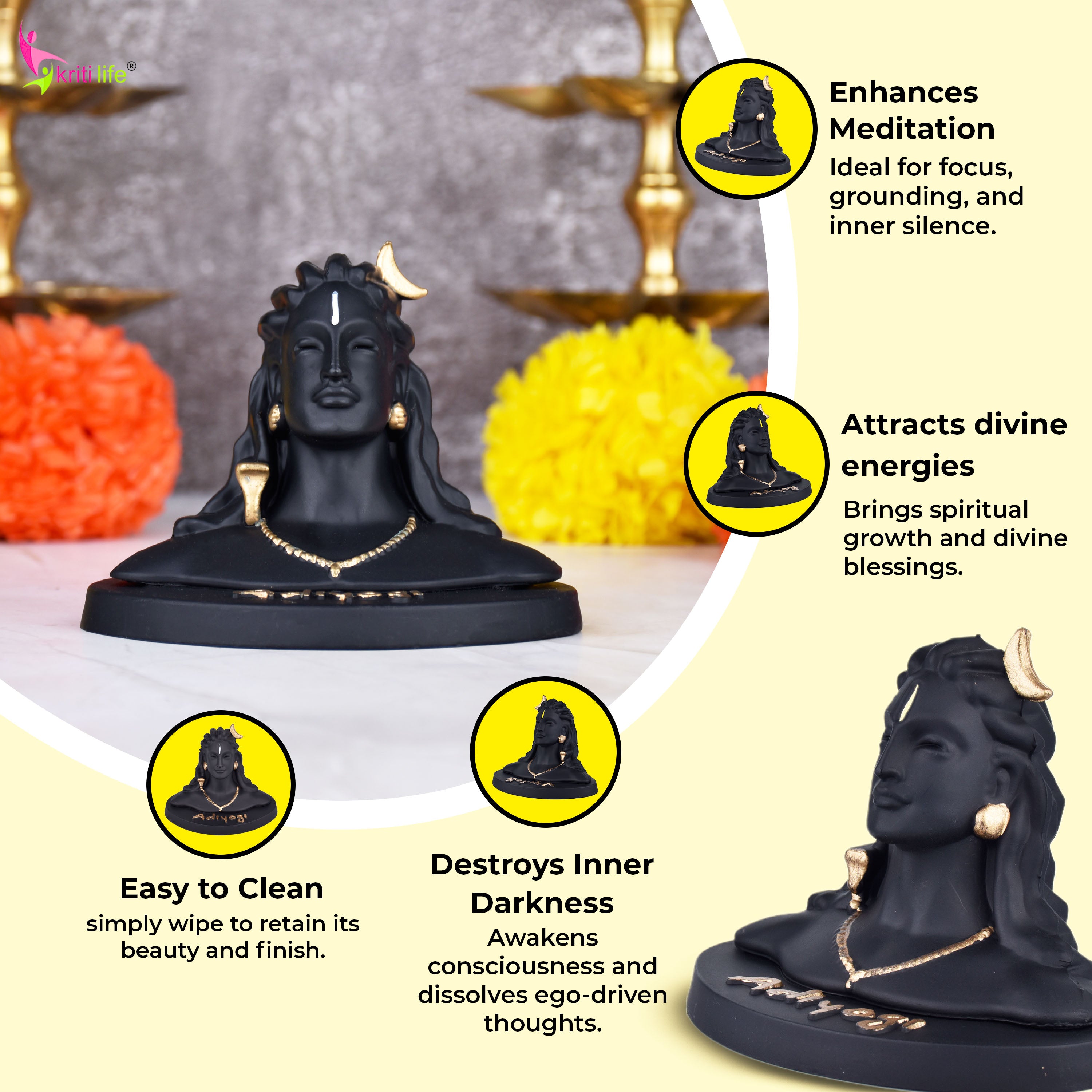 Black Adiyogi Shiva Idol in Polynesian | 4 inches | Spiritual Home Decor Statue
