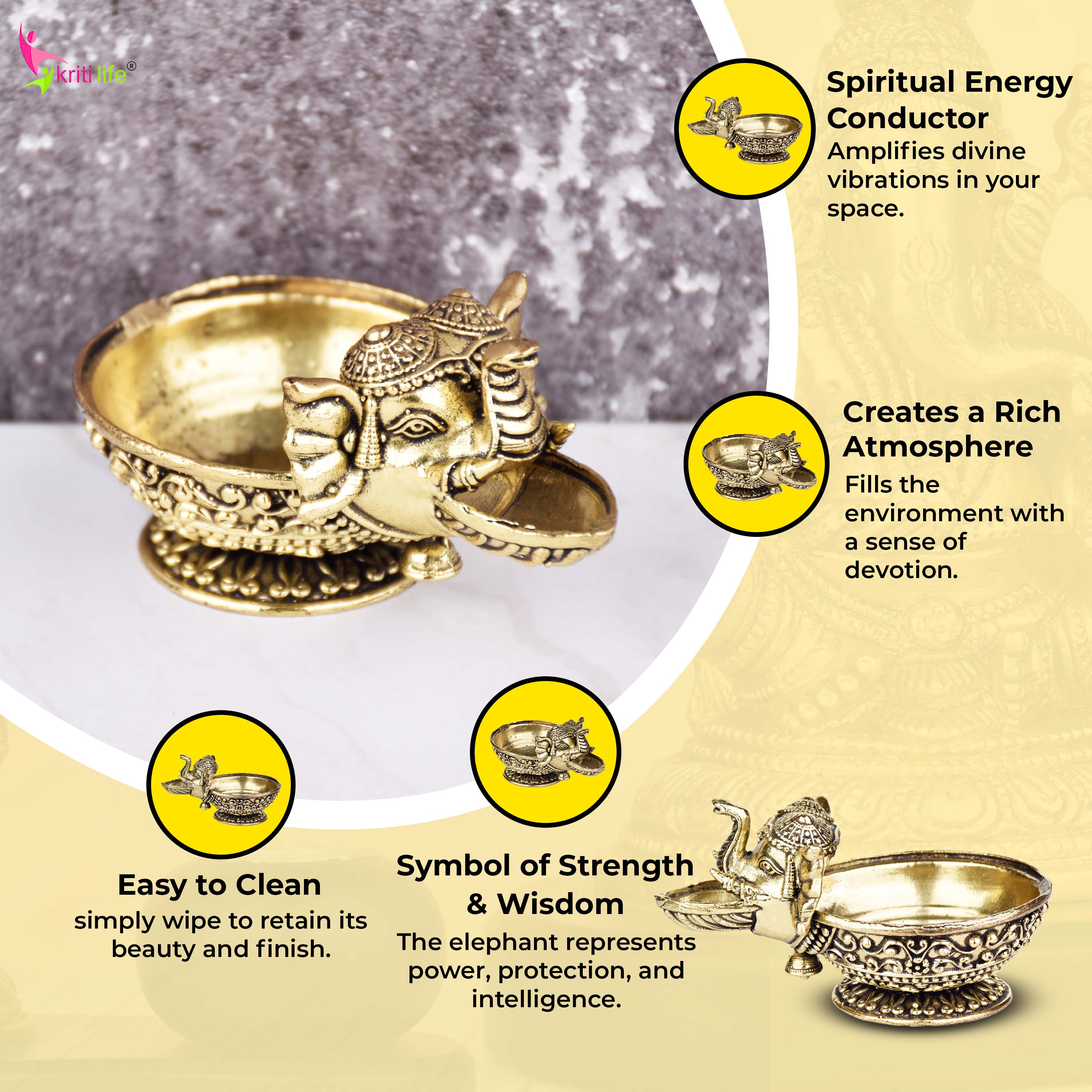 Brass Elephant Face Diya – Traditional Oil Lamp 3 inches for Pooja & Festive Décor