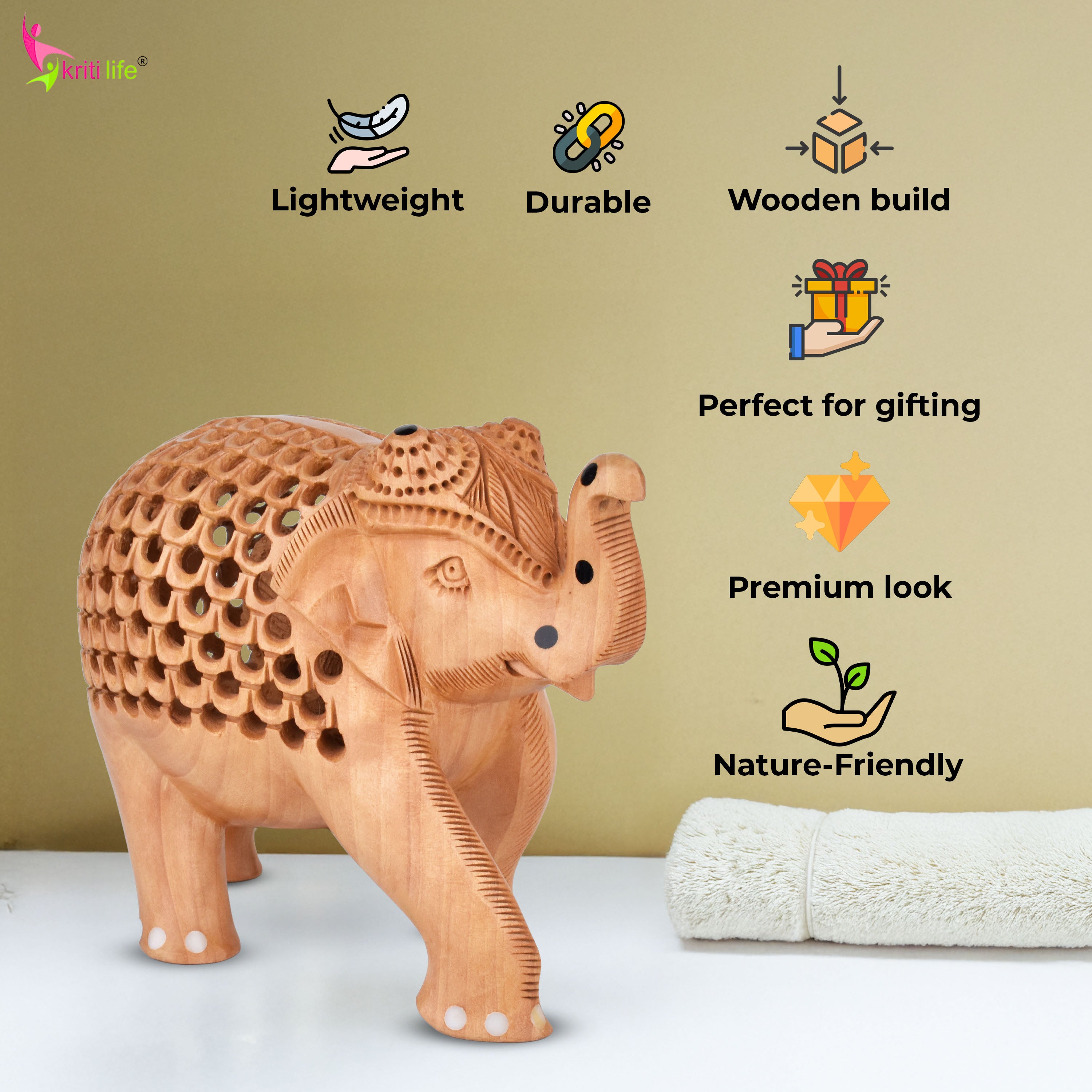 Handcrafted Wooden Jali Work Elephant | Baby Elephant Inside | Natural Wood Finish-5.5 inches
