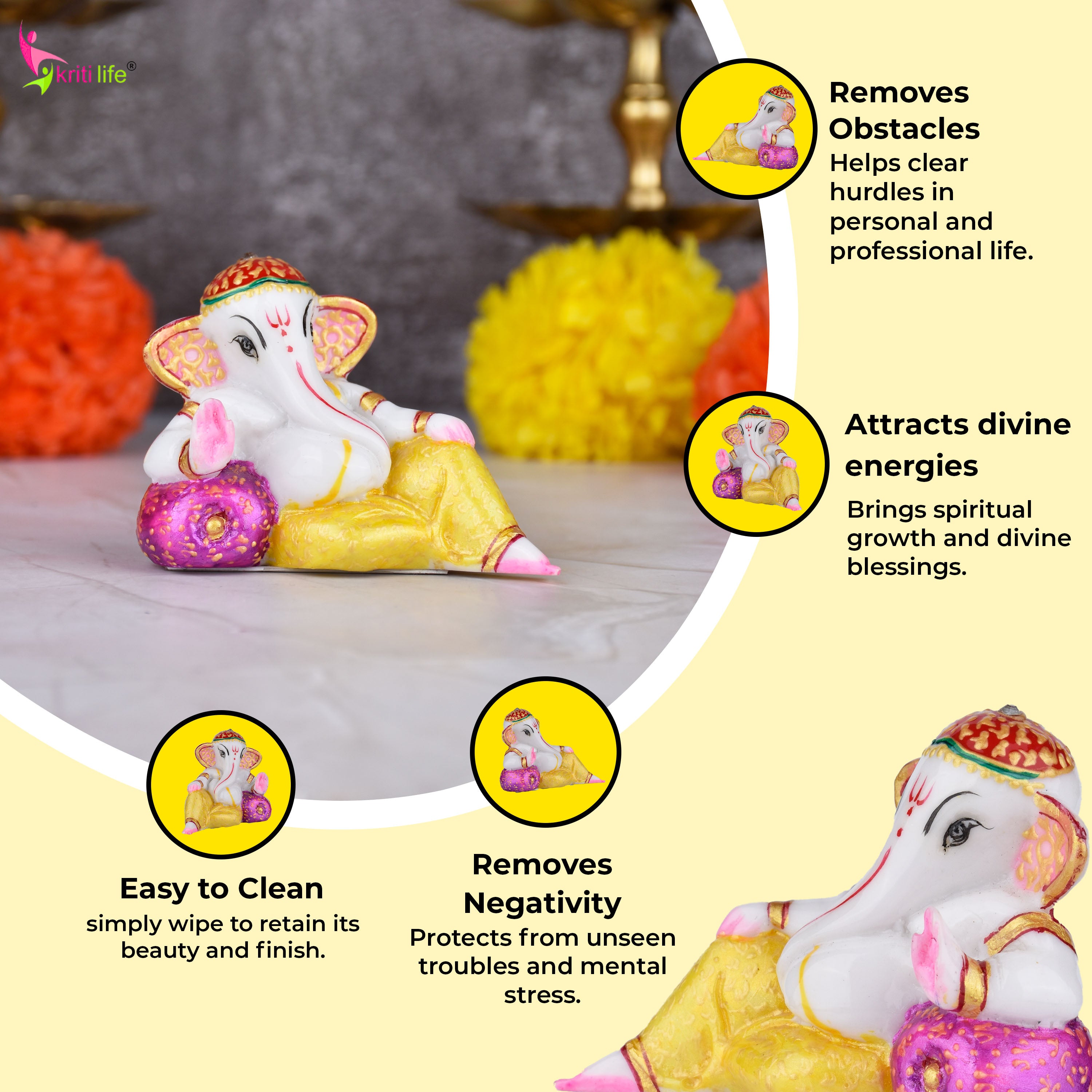 Divine Reclining Ganesha Idol – Premium Marble Dust Ganpati Figurine 3 inches for Pooja & Gifting