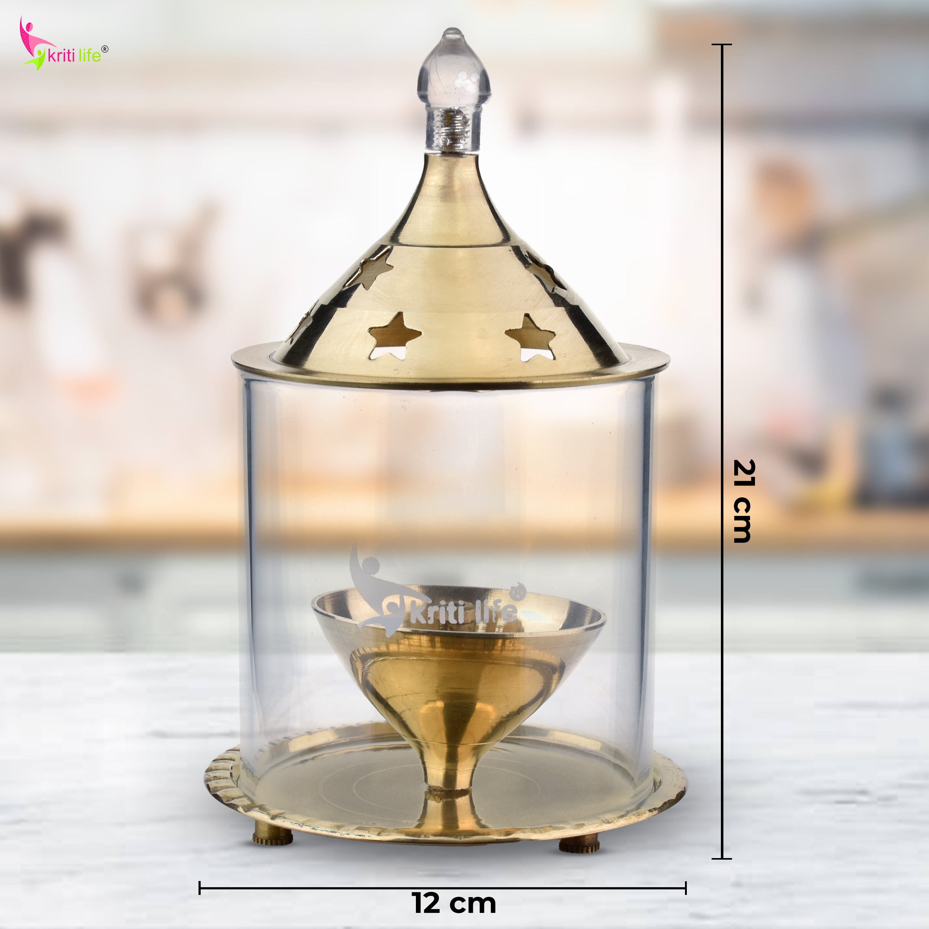 Kriti Life Akhand Jyot Diya –Big size – Brass Diya with Glass Cover for Safe and Continuous Flame | 8 inches