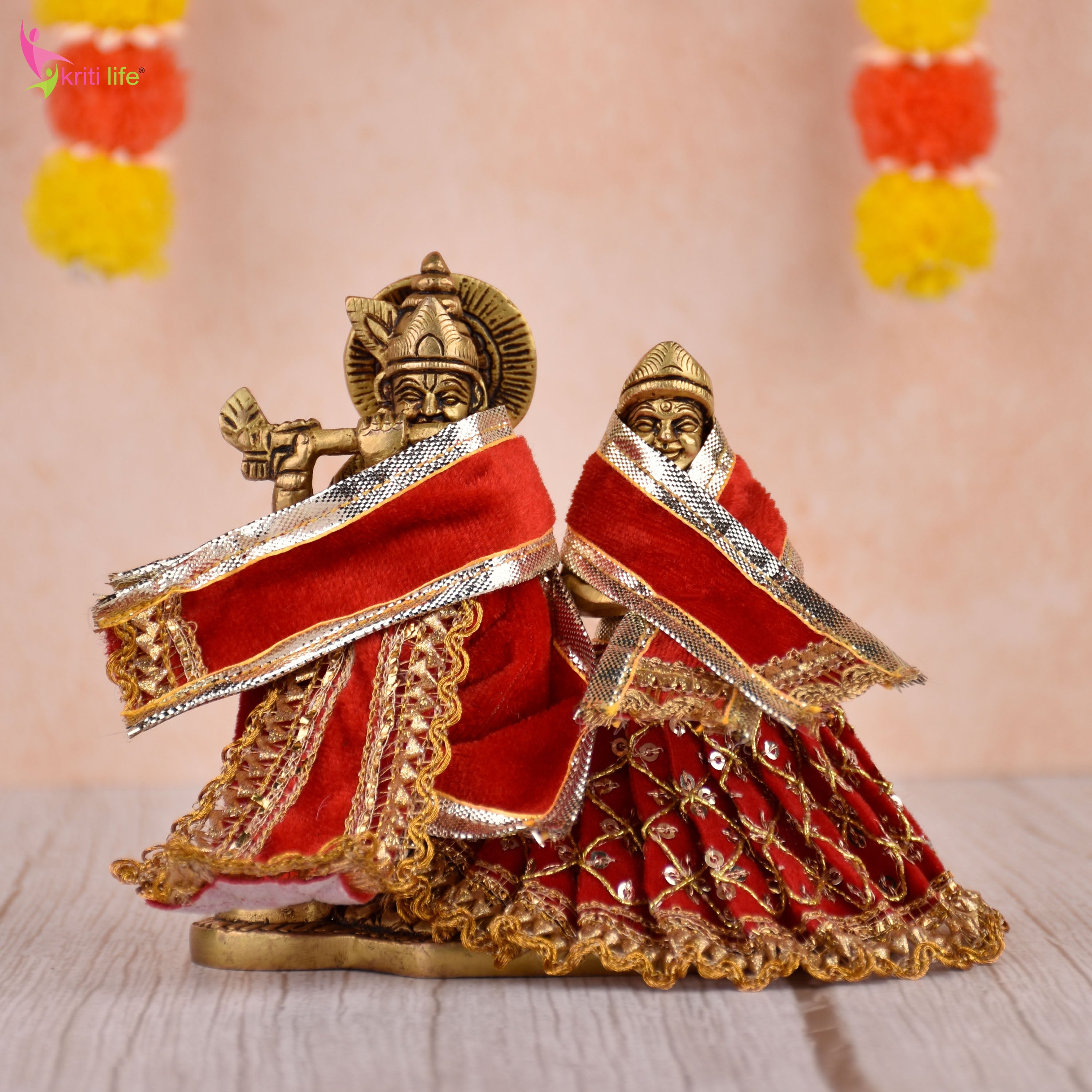Velvet Red Radha Krishna Dress Set for 4 Inch Idol – Rich Embroidered Vastra with Golden Lace