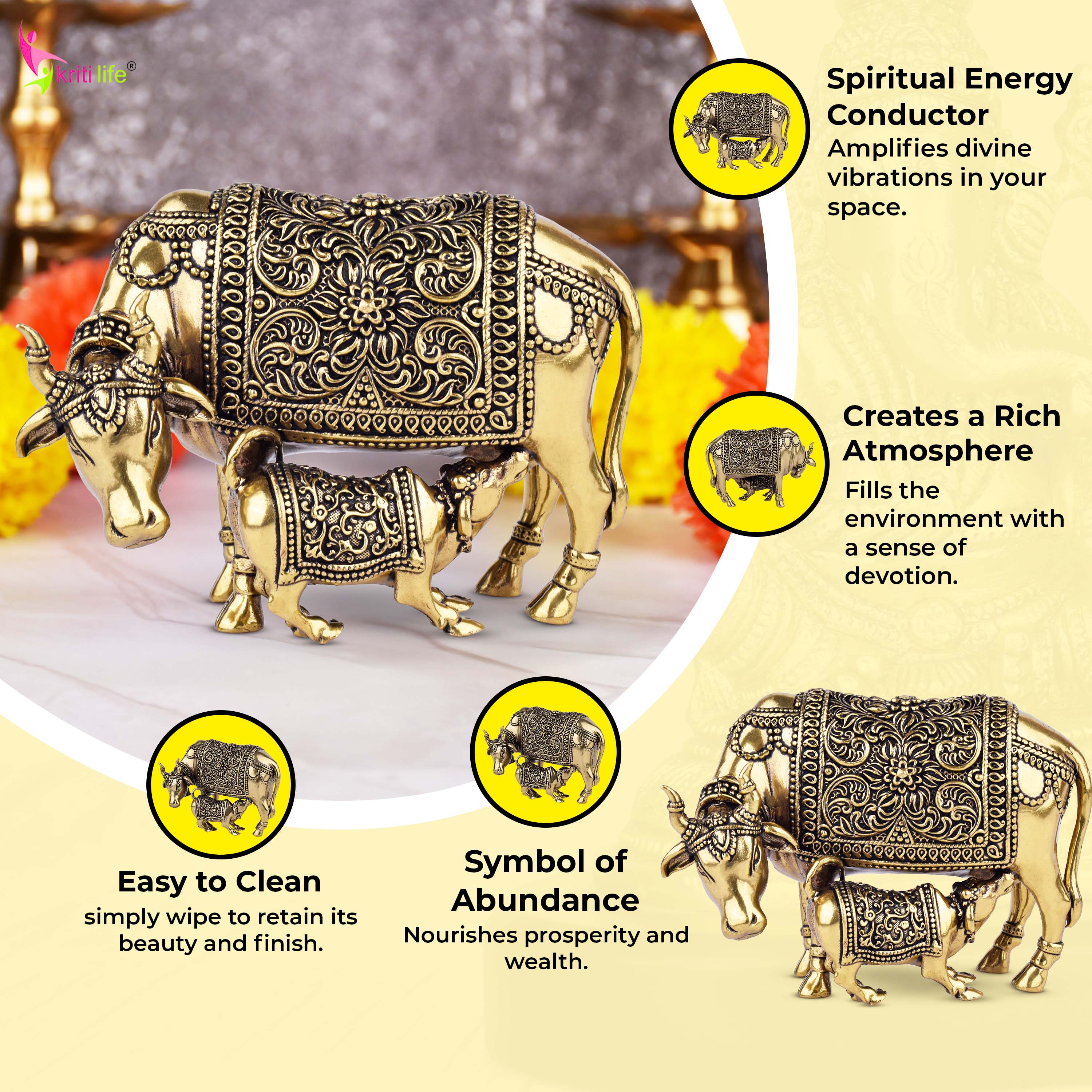 Brass Kamdhenu Cow and Calf Idol – | 4 inches | Handcrafted Symbol of Prosperity and Divine Energy