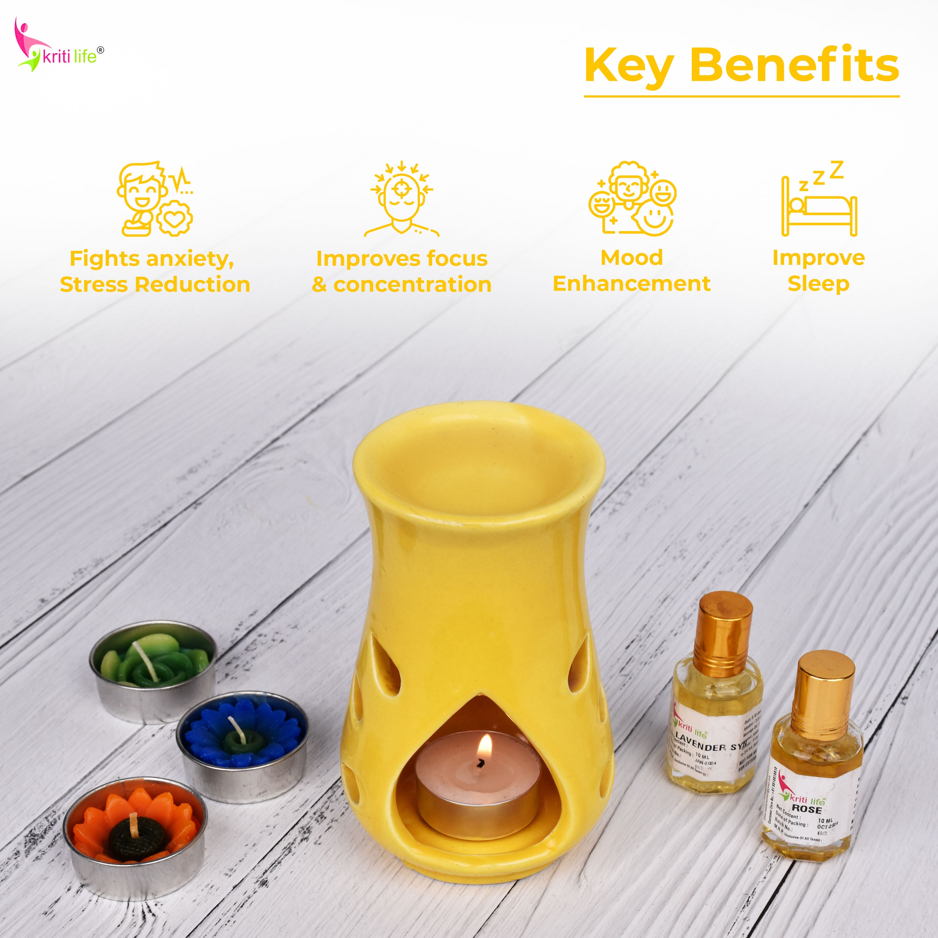 Yellow Ceramic Aroma Oil Burner with Essential Oils | Aromatherapy Diffuser for Home, Spa & Meditation-5 Inches