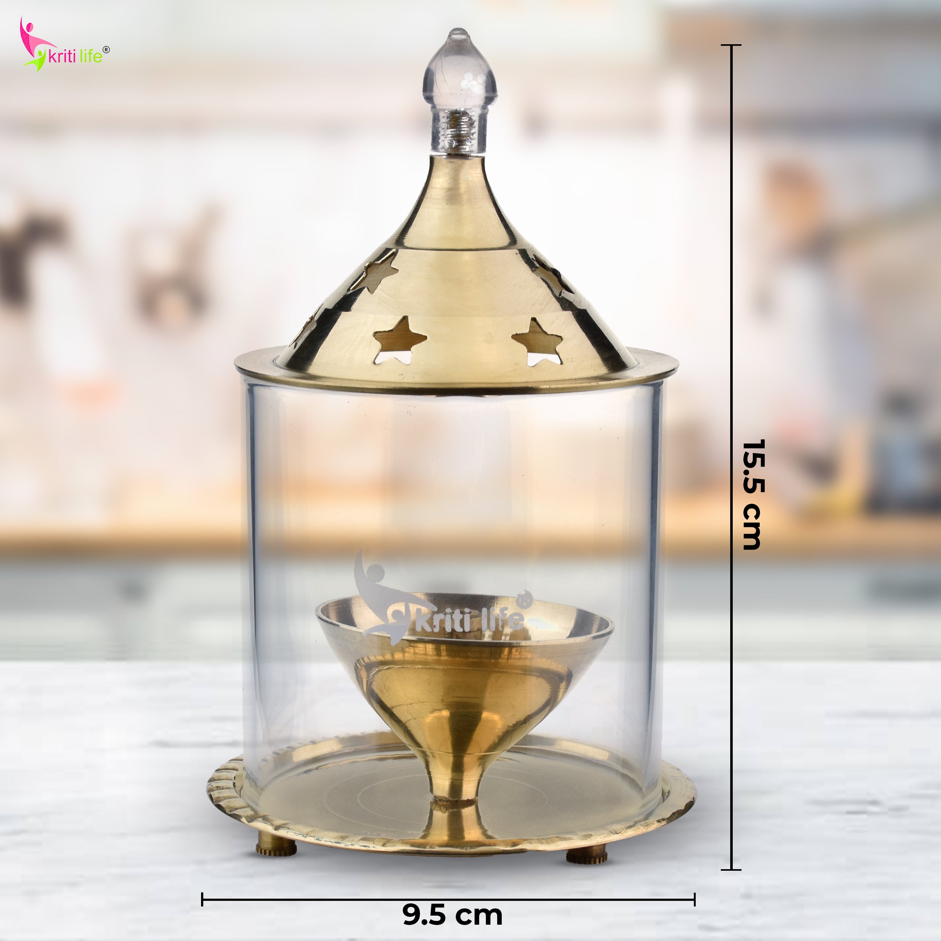 Kriti Life Akhand Jyot Diya– Medium Size– Brass Diya with Glass Cover for Safe and Continuous Flame | 6 inches