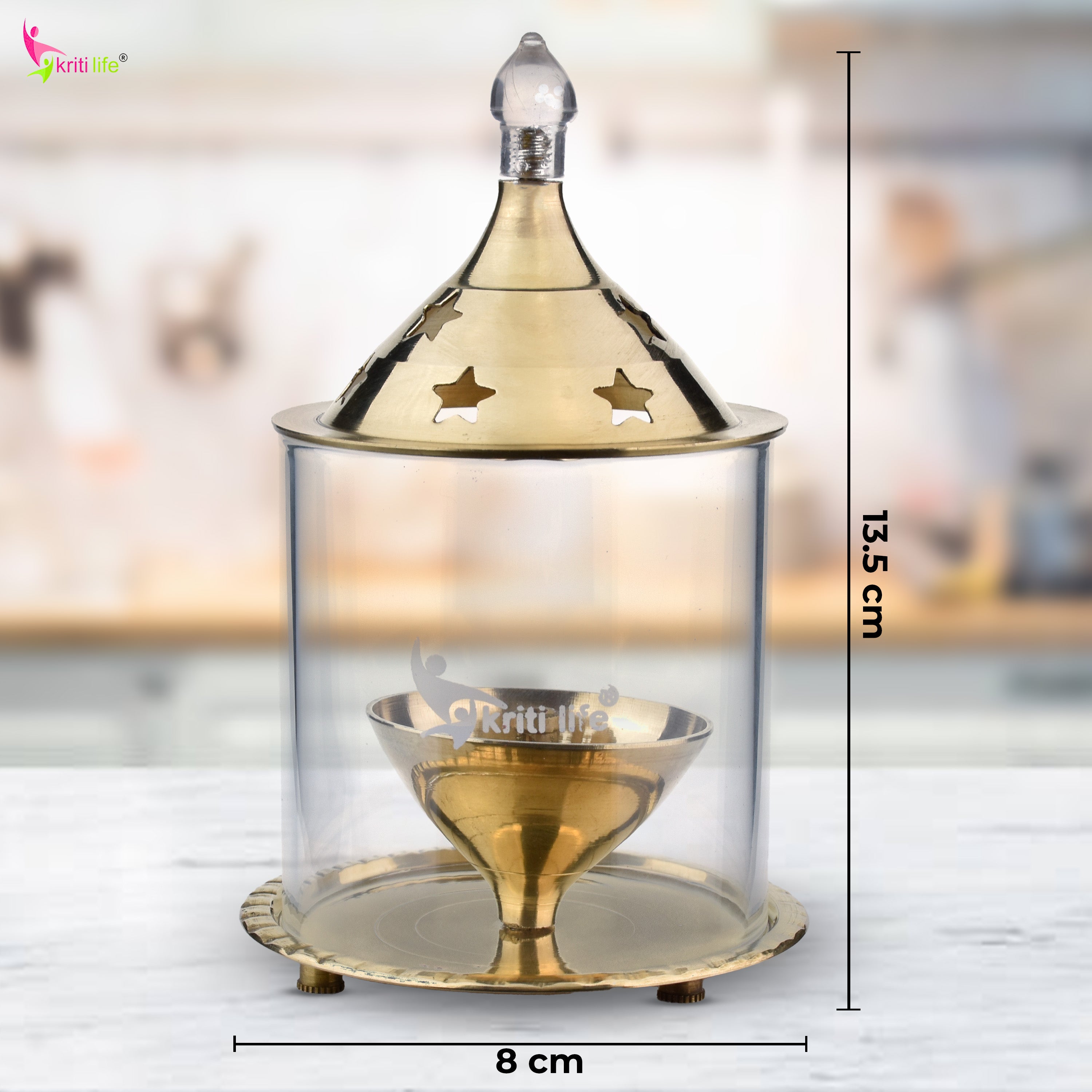 Kriti Life Akhand Jyot Diya – Small size – Brass Diya with Glass Cover for Safe and Continuous Flame | 5 inches