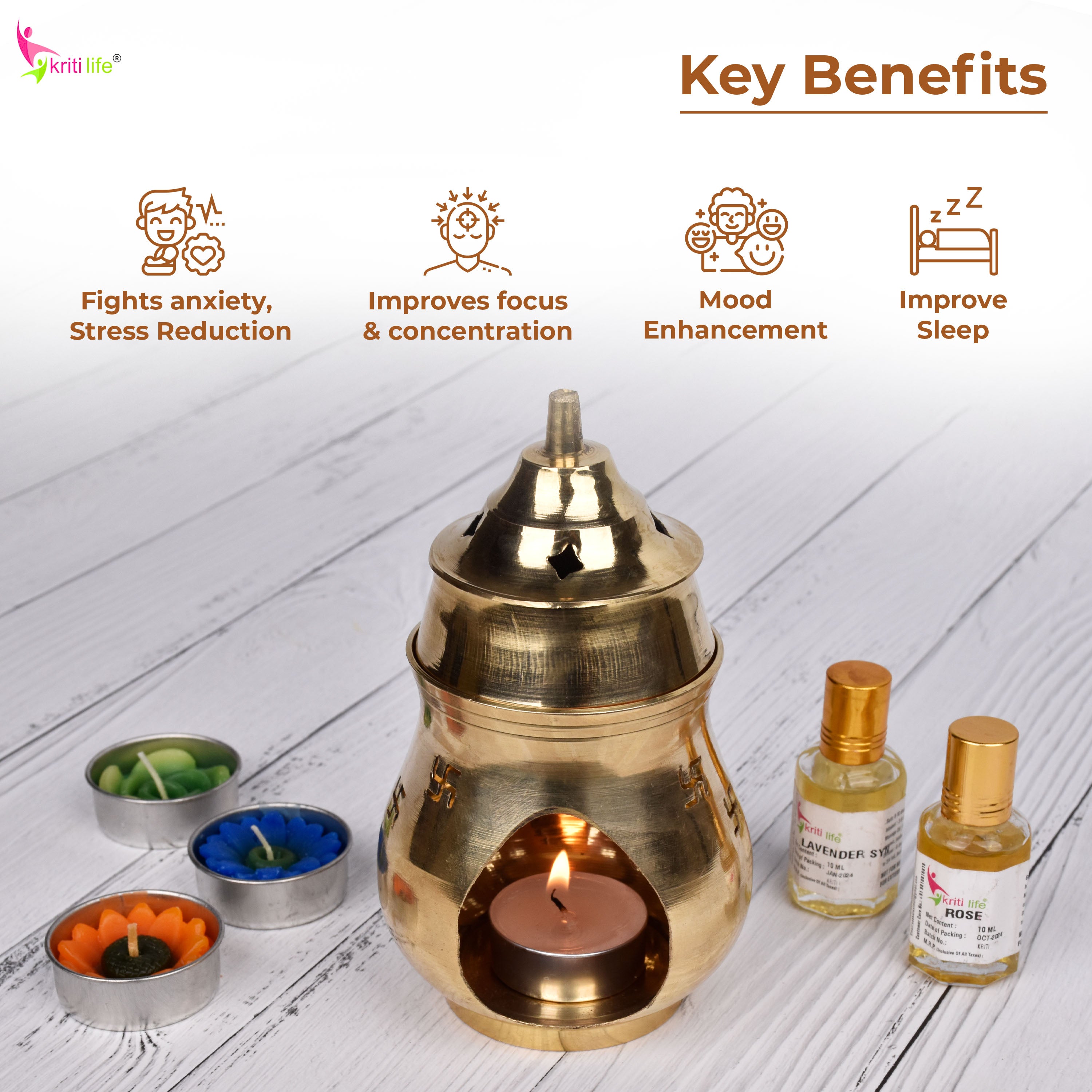 Brass Aroma Oil Burner with Lid & Swastik Design | Camphor & Essential Oil Diffuser -5.5 inches