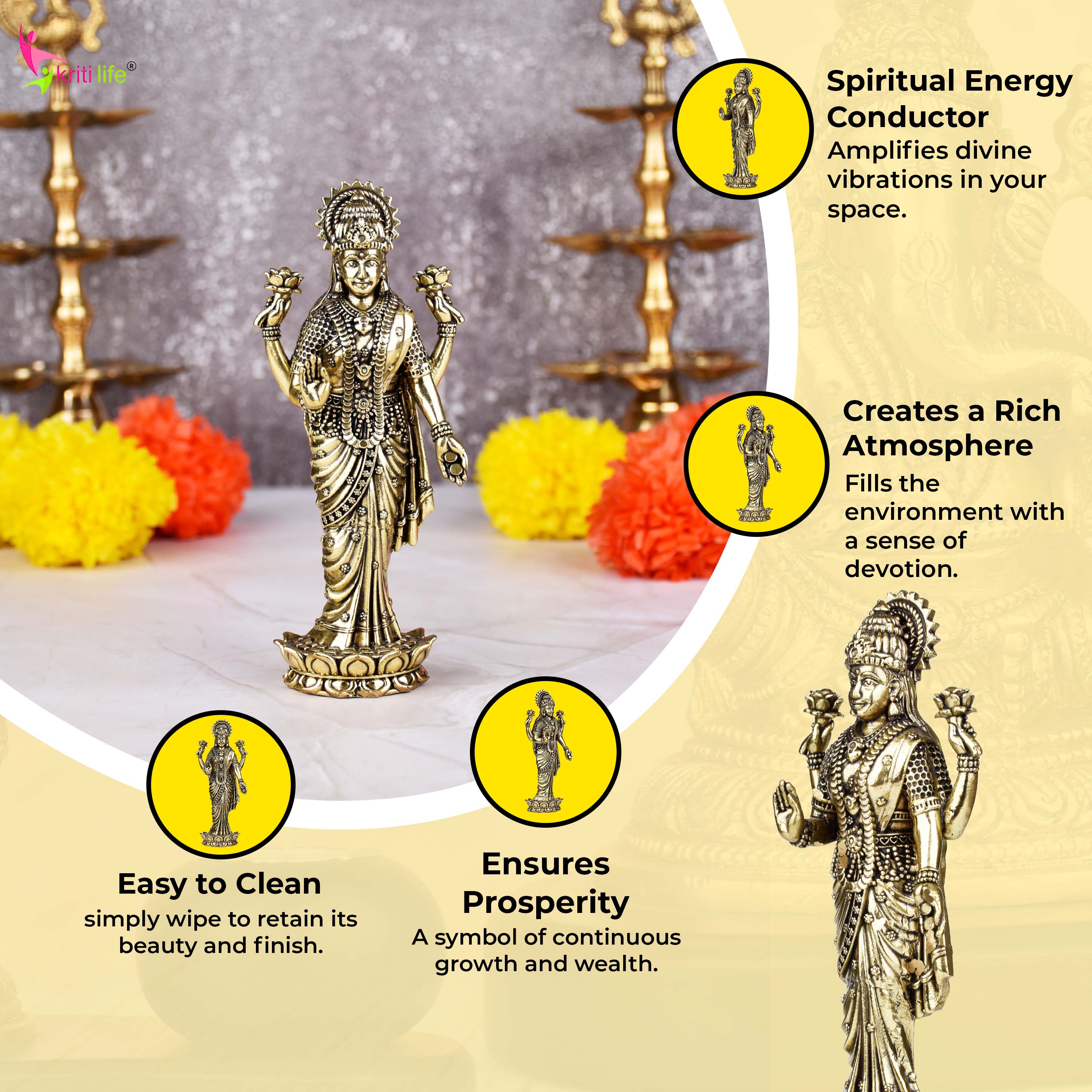 Brass Goddess Lakshmi Idol | 6 inches | for Pooja Room & Home Decor